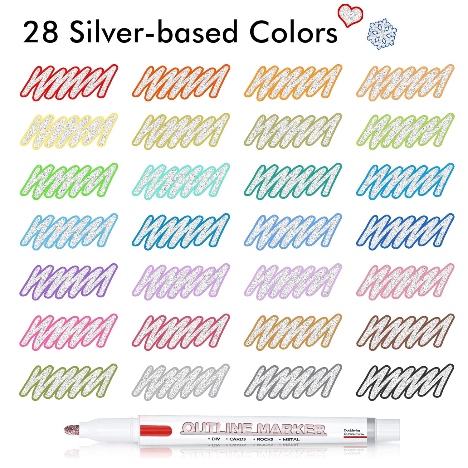 Double Line Outline Permanent Markers, 28 Colors Squiggles Shimmer Markers Set, Self Outline Metallic Marker Pens For Art, Drawing, Doodling, Card Making, Christmas Card, Diy Crafts