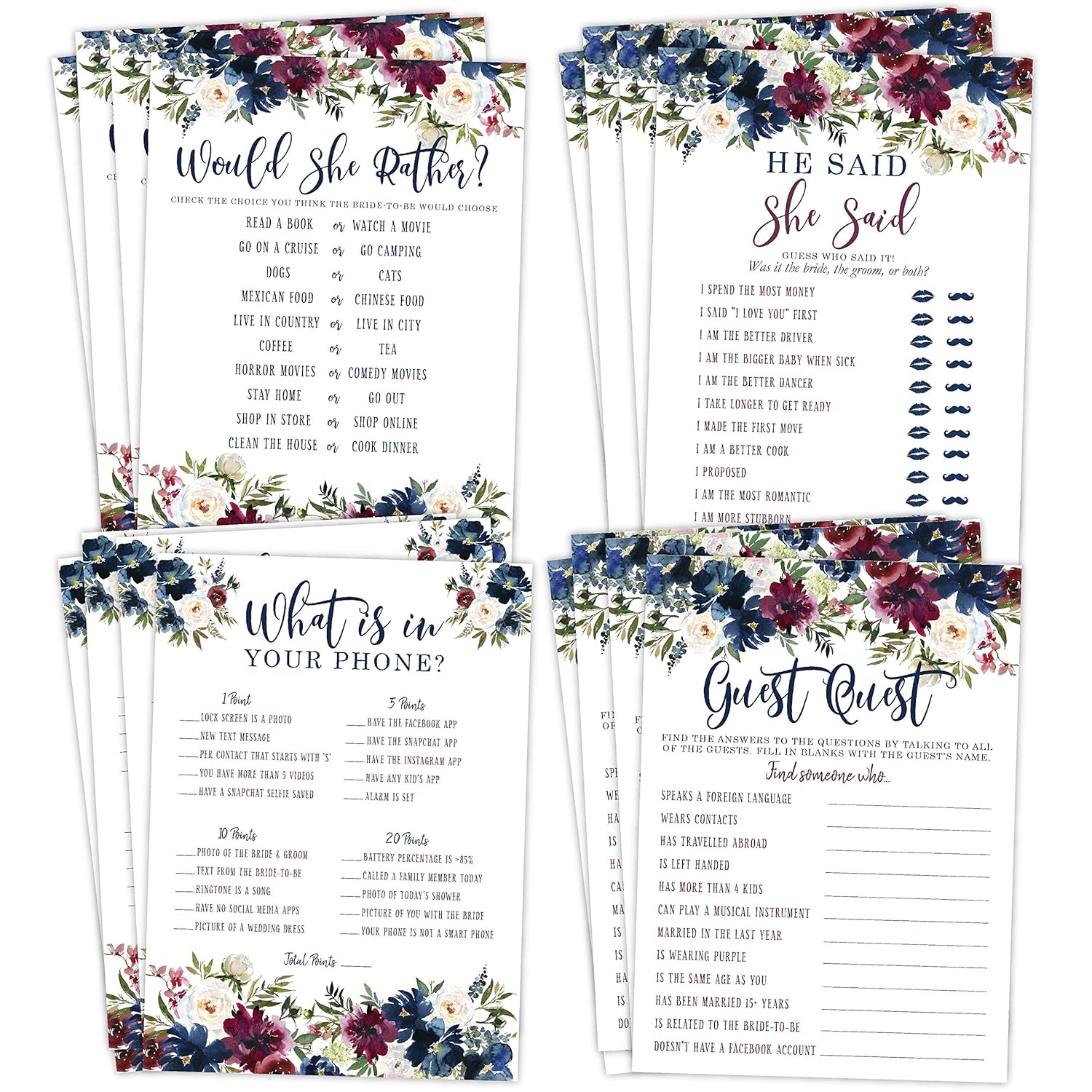 Navy And Burgundy Floral Bridal Shower Bachelorette Games - He Said She Said, Find The Guest Quest, Would She Rather, What'S In Your Phone - 25 - Printed Front And Back