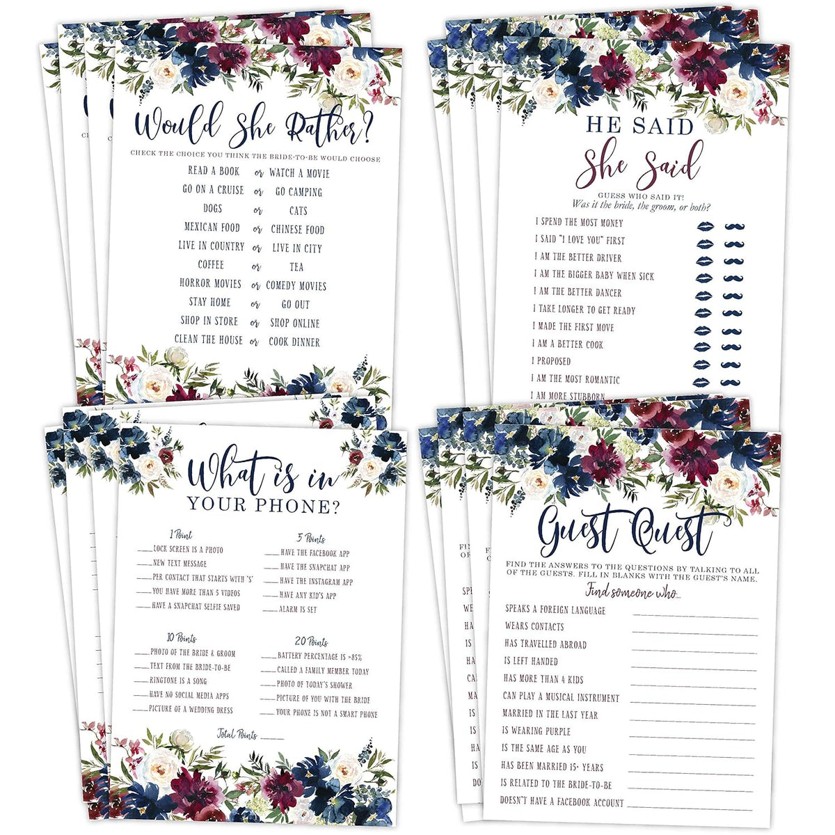 Navy And Burgundy Floral Bridal Shower Bachelorette Games - He Said She Said, Find The Guest Quest, Would She Rather, What'S In Your Phone - 25 - Printed Front And Back