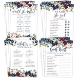 Navy And Burgundy Floral Bridal Shower Bachelorette Games - He Said She Said, Find The Guest Quest, Would She Rather, What'S In Your Phone - 25 - Printed Front And Back