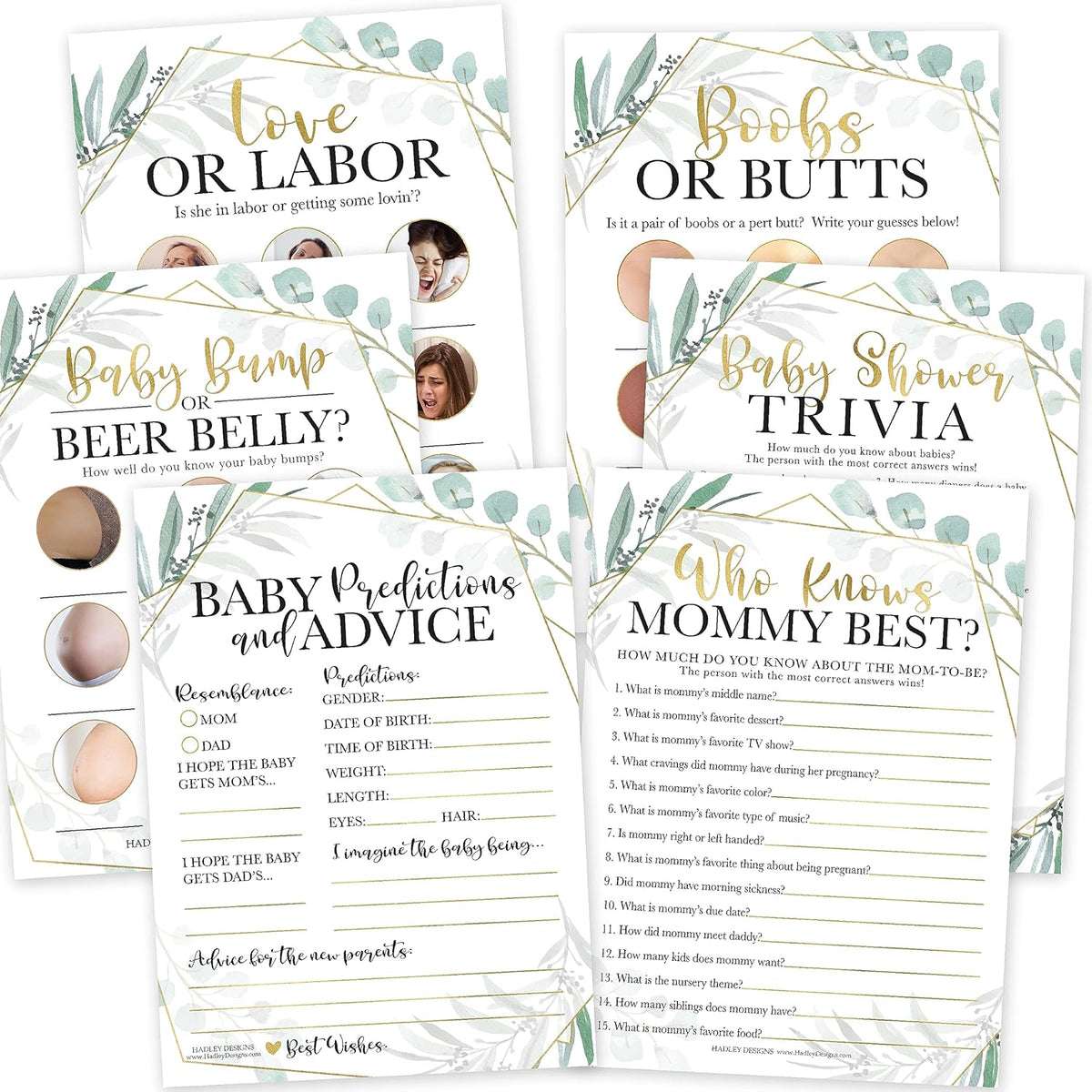 Hilarious Baby Shower Games Set – 75 Double-Sided Cards For 25 To 75 Guests, 6 Games, Predictions, Who Knows Mommy, Beer Belly Or Baby Bump, Gender Neutral And Fun For Boys & Girls (Greenery)