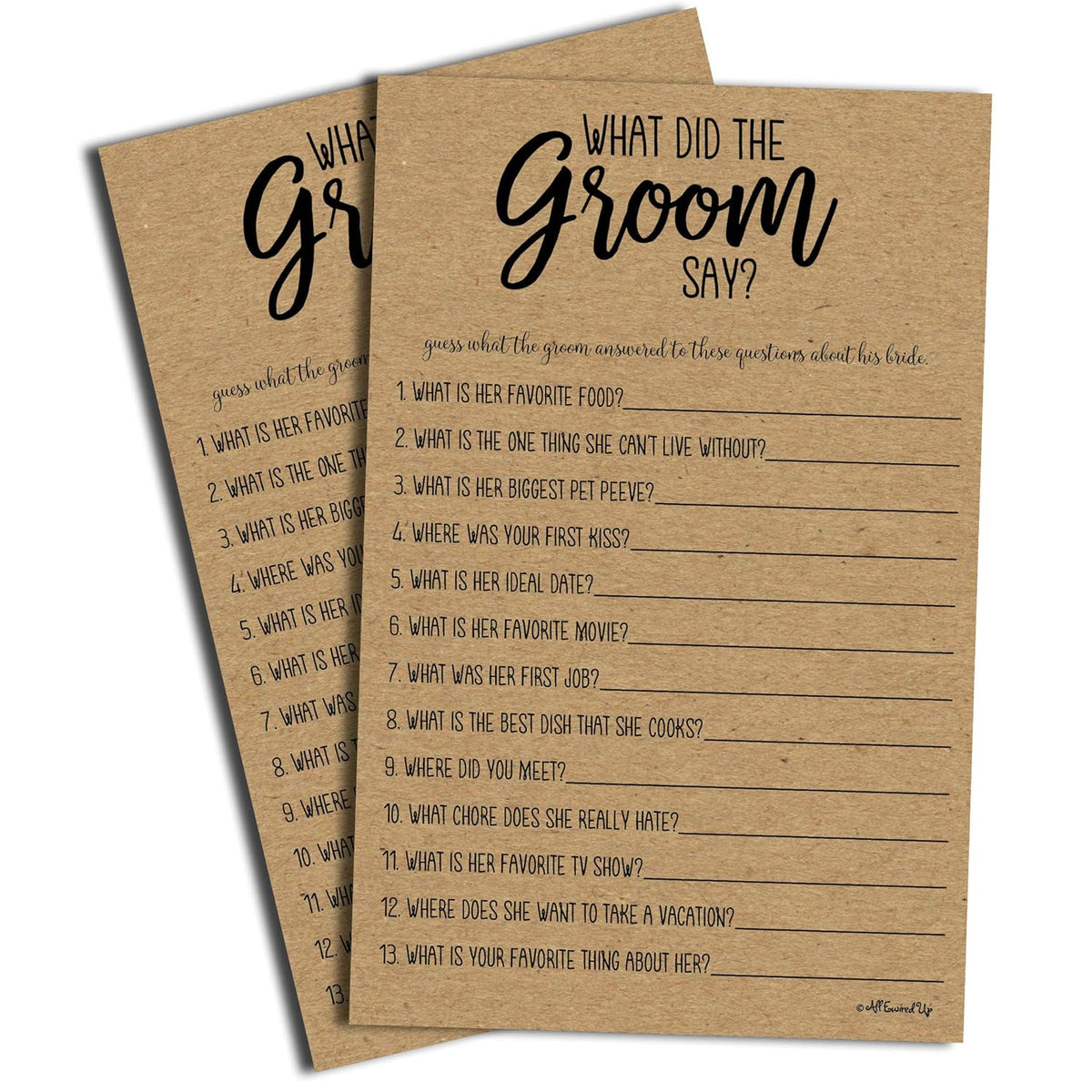What Did The Groom Say Game - Kraft (50-Sheets) Rustic Bridal Wedding Shower Or Bachelorette Party Game, Printed Engagement Rehearsal (Large Size Sheets)
