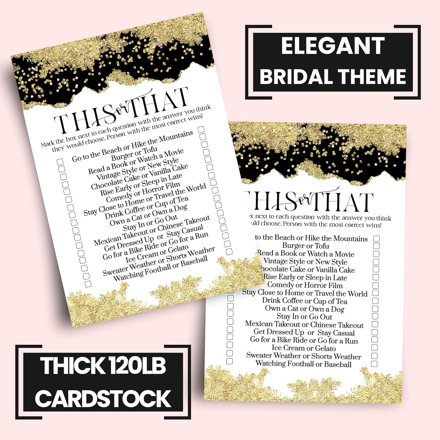 Black And Gold Bridal Shower Game Would She Rather - 25 Card Pack - Fun This Or That Game For Graduation Parties, Rehearsal Dinners & Birthdays - Modern Design