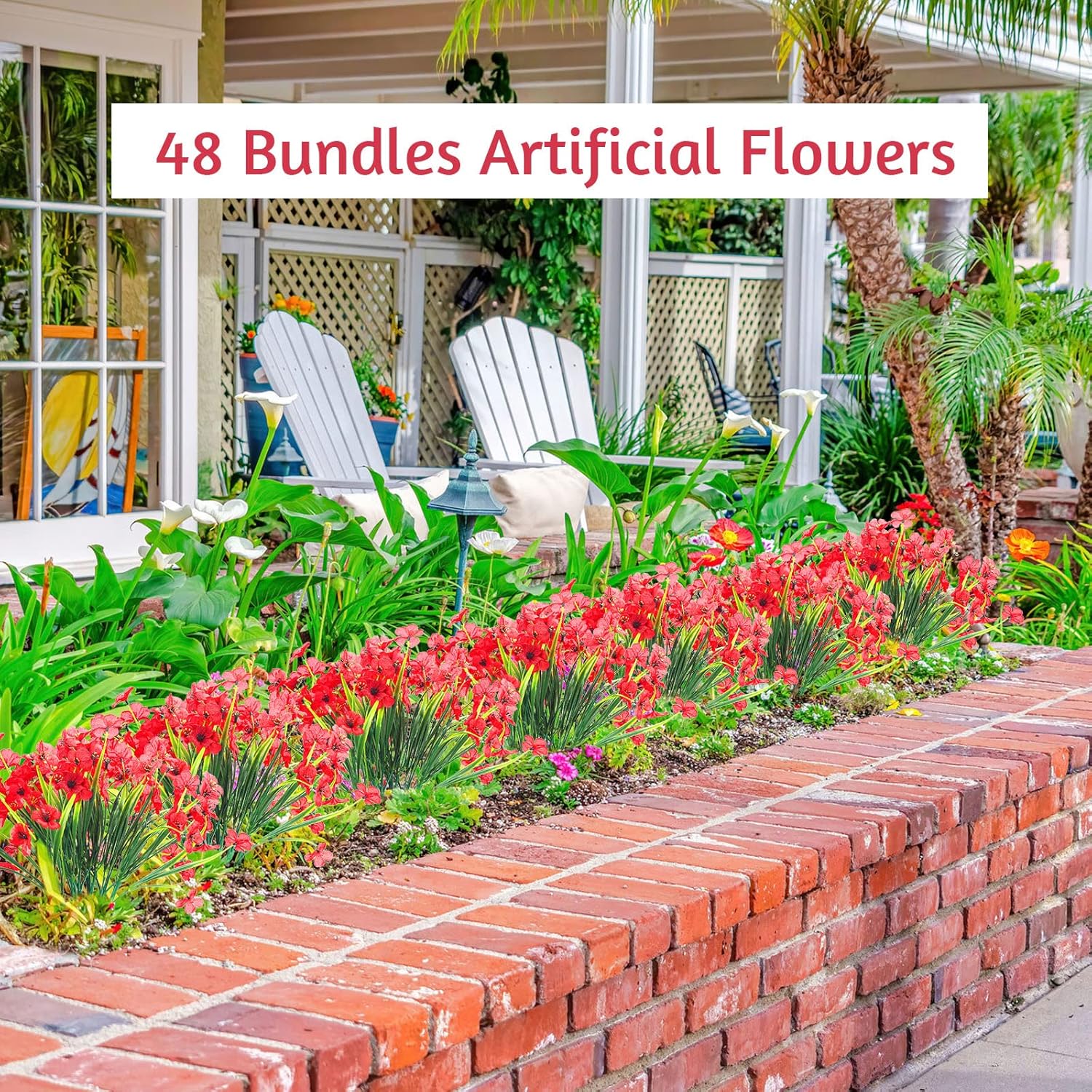 48 Bundles Red Artificial Flowers Outdoor Faux Flowers Uv Resistant Fake Plastic Plants No Fade Deep Red Greenery Shrubs For Porch Garden Planters Porch Window Wedding Box Decorating