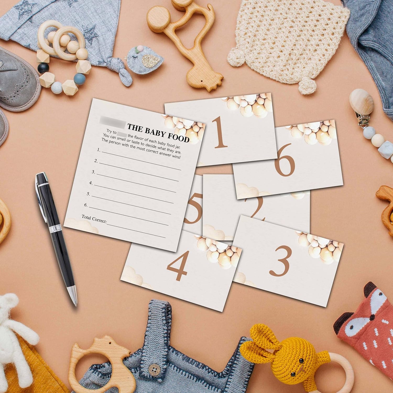 Guess The Baby Food Party Games, Boho Bear Balloon Baby Shower Game Set (1 Standing Sign + 20 Answer Cards + 6 Number Cards), Watercolor Brown Name The Baby Food Game, Baby Shower Favors