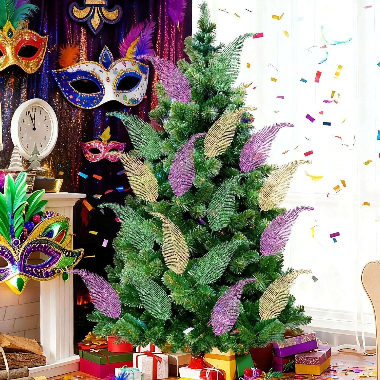 60 Pcs Mardi Gras Glitter Leaves Feathers Stems, 11.4" X 2.5" Purple Gold Green Artificial Feather Leaves Picks Vase Filler, Mardi Gras Faux Sparkly Leaf Twigs Sprays For Carnival Party Table Decor