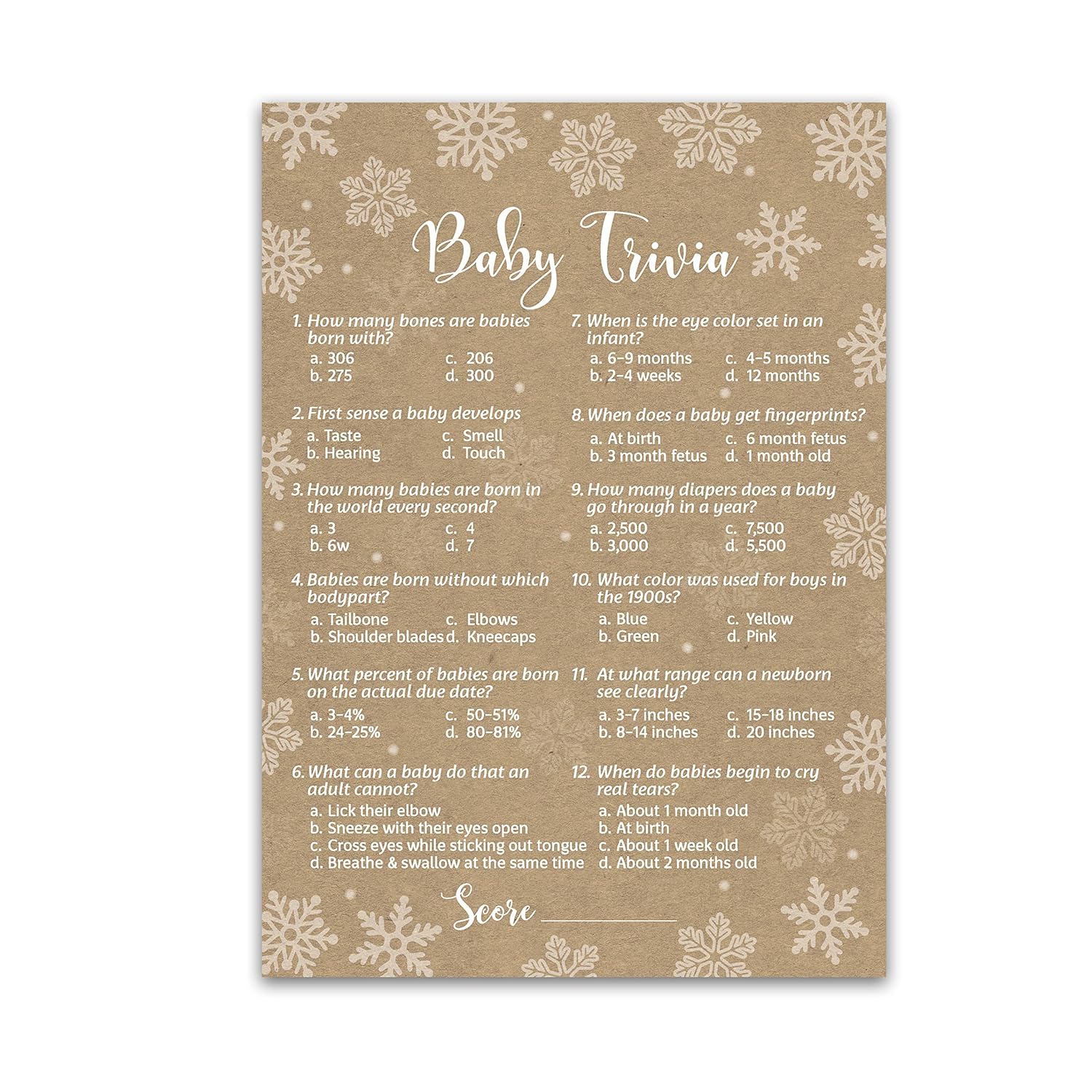 Snowflakes Baby Shower Game — Baby Trivia Game — Pack Of 25 — Winter Wonderland Baby Shower Game, Fun Baby Facts Game It’S Cold Outside Baby Shower Activity Gender Neutral Baby Shower Game G782-Trv