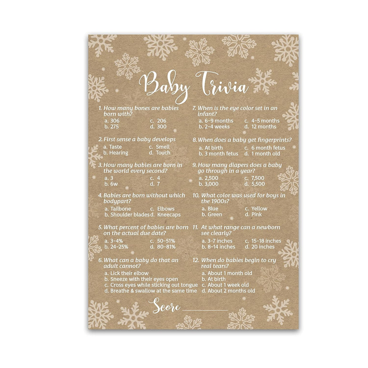 Snowflakes Baby Shower Game — Baby Trivia Game — Pack Of 25 — Winter Wonderland Baby Shower Game, Fun Baby Facts Game It’S Cold Outside Baby Shower Activity Gender Neutral Baby Shower Game G782-Trv