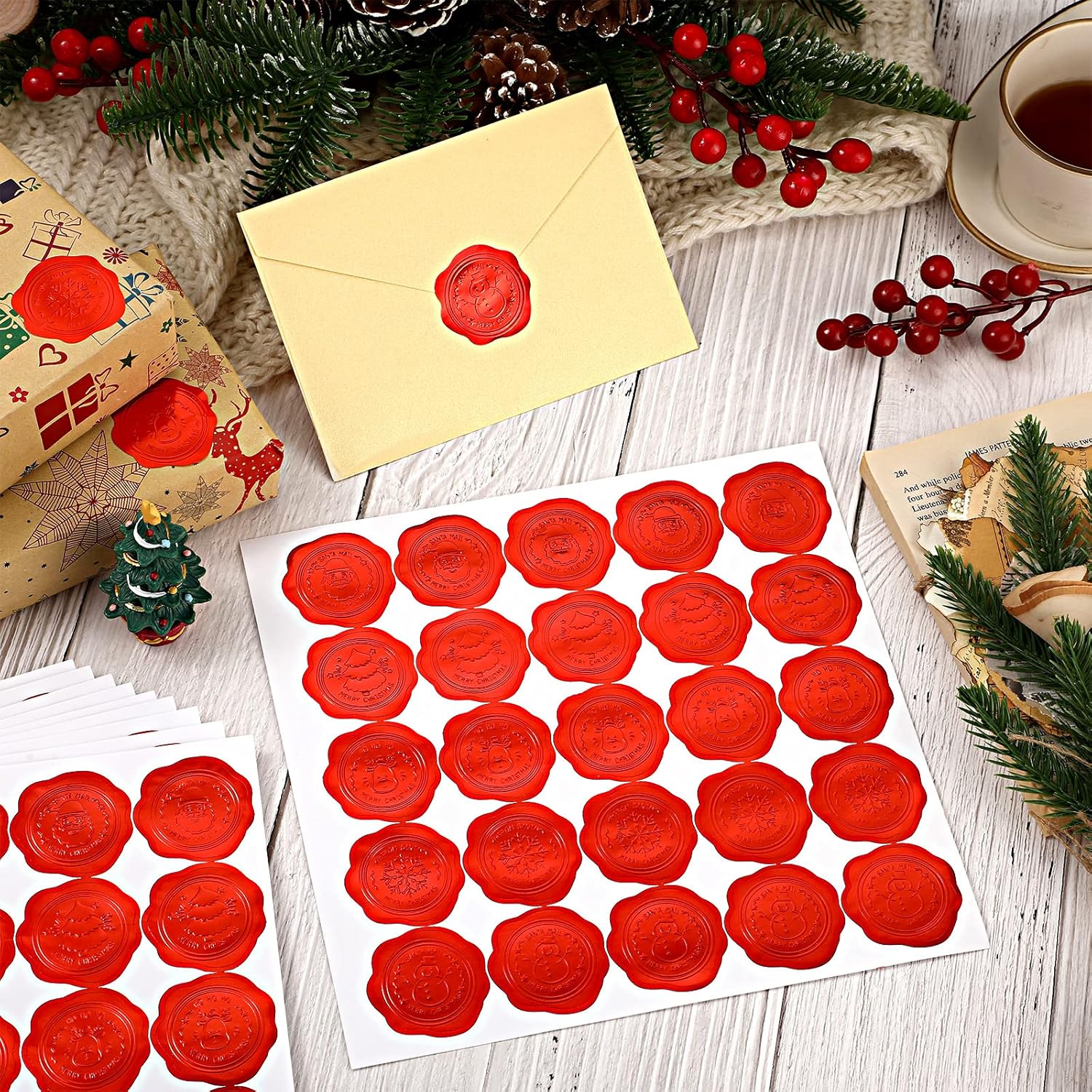500 Pieces Christmas Envelope Seal Stickers Santa Embossed Wax Label Self Adhesive Seals Snowflake Santa Claus Stickers For Christmas Wedding Card Box Envelope(Red)
