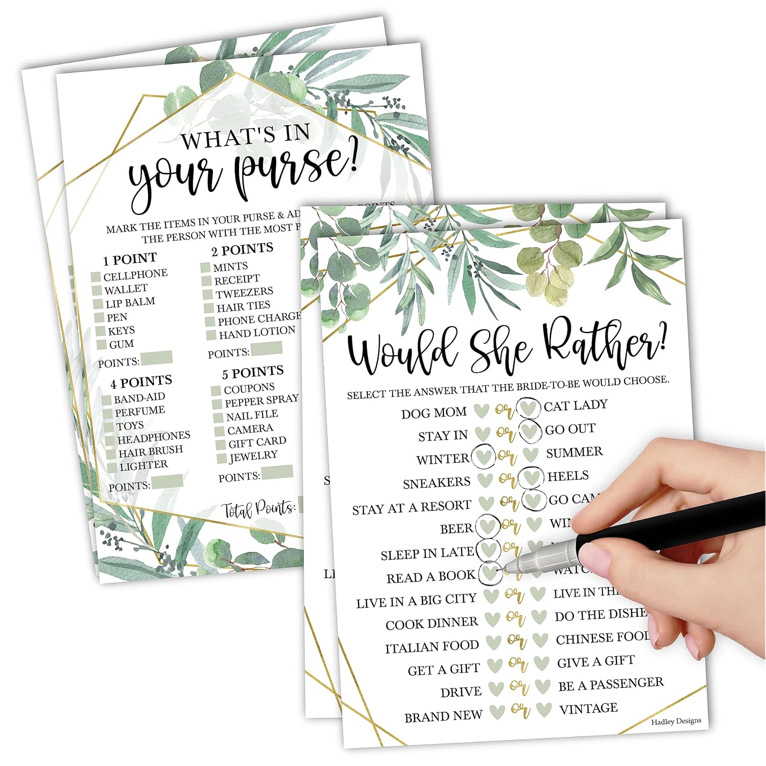 20 Greenery Bridal Shower Games For Guests-Couples Wedding Shower Games, Would She Rather Bridal Shower Game Set, What'S In Your Purse Game