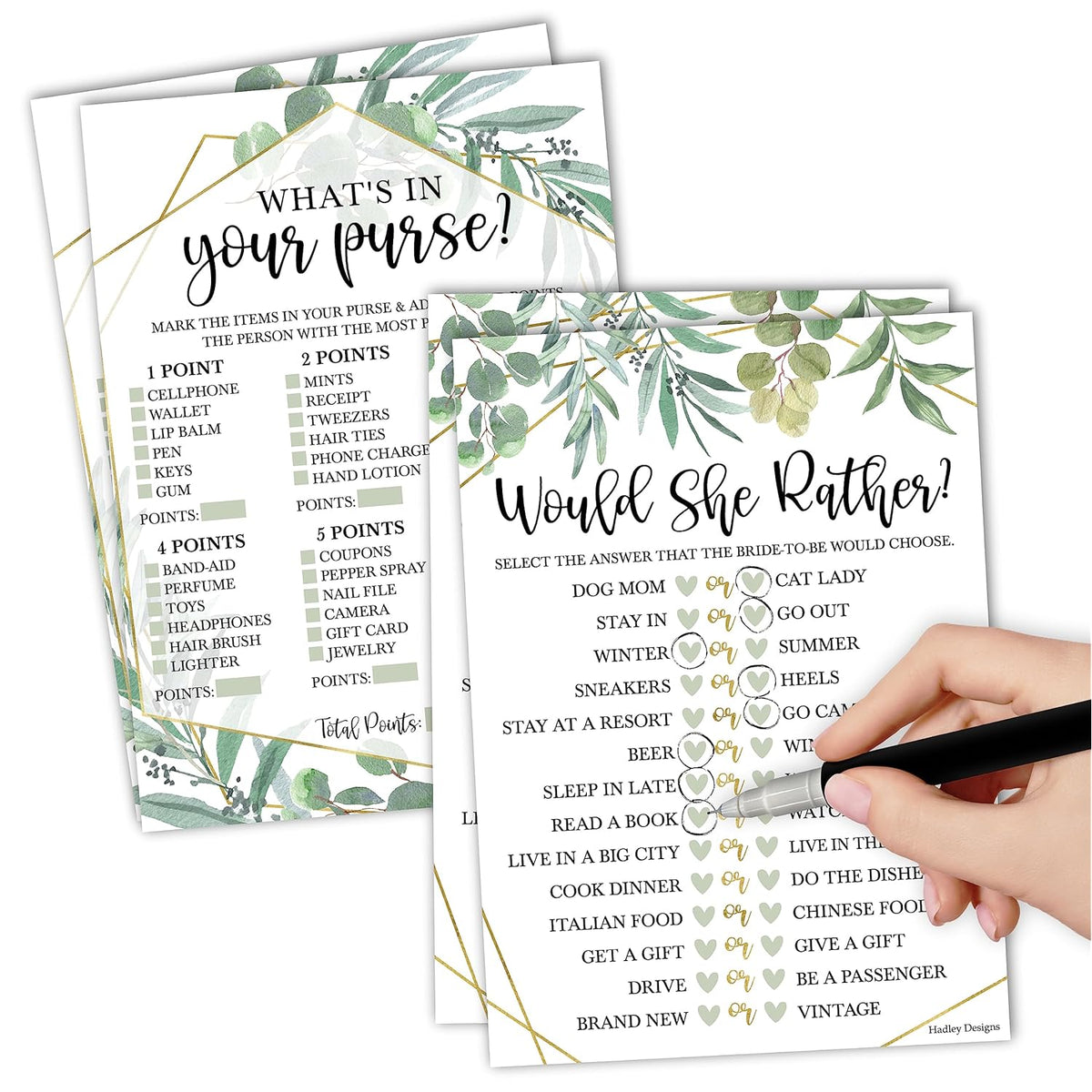 20 Greenery Bridal Shower Games For Guests-Couples Wedding Shower Games, Would She Rather Bridal Shower Game Set, What'S In Your Purse Game