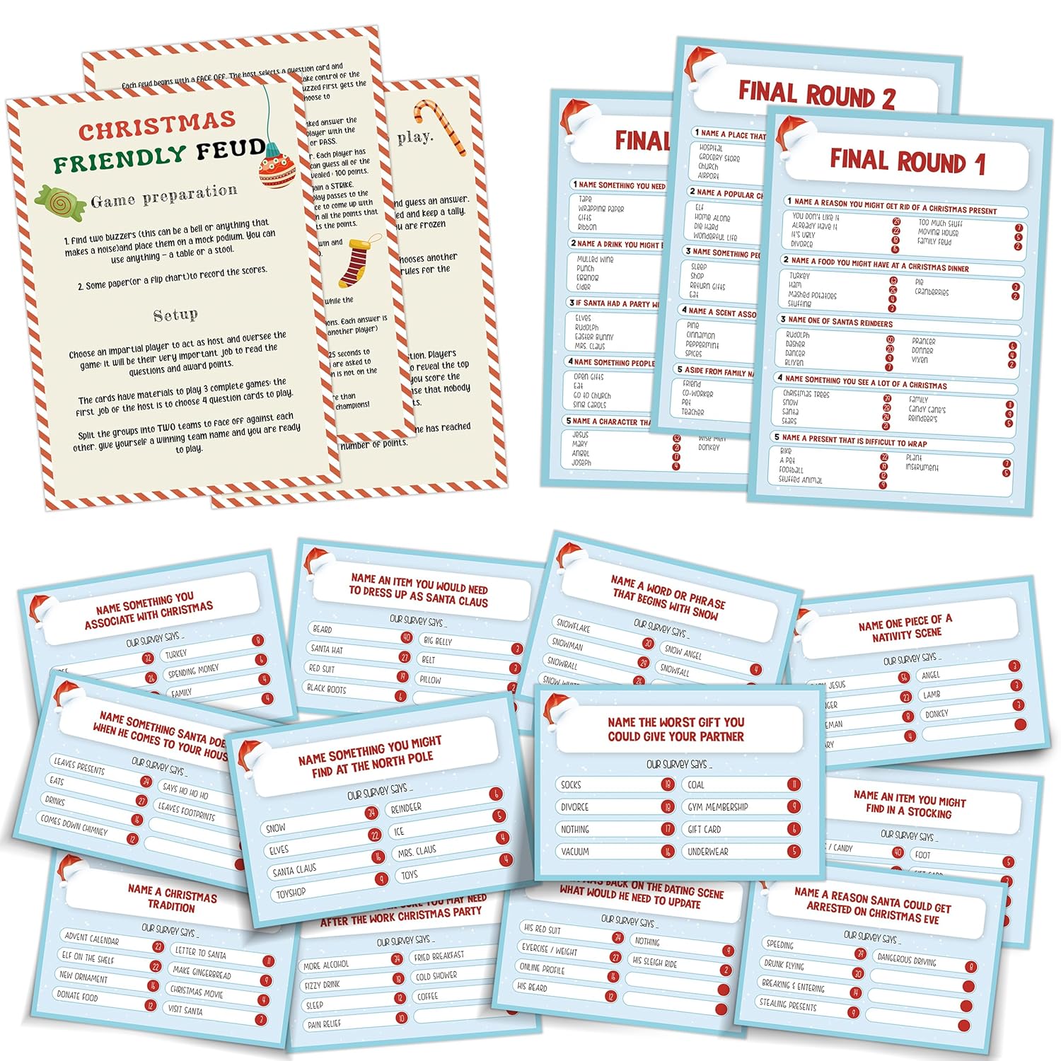Christmas Friendly Feud Game - The Hilarious Party Game Of Guessing Top Answers,Feud Game For Adults,Christmas Party,Classroom,Family Games Night,Team Ice Breaker Games,15 Trivia Cards-7