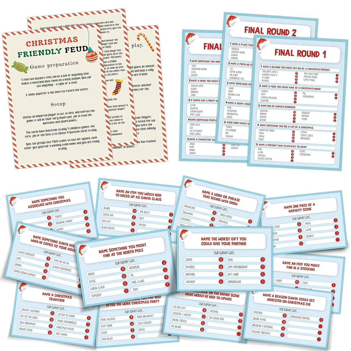 Christmas Friendly Feud Game - The Hilarious Party Game Of Guessing Top Answers,Feud Game For Adults,Christmas Party,Classroom,Family Games Night,Team Ice Breaker Games,15 Trivia Cards-7