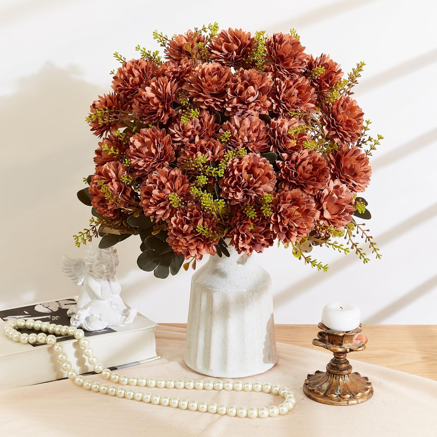 18 Heads Brown Artificial Chrysanthemum Brown Silk Artificial Flowers Fake Mums Bouquet Fake Flowers With Stems Arrangements For Home Kitchen Table Centerpieces Decor Indoor 2 Pcs