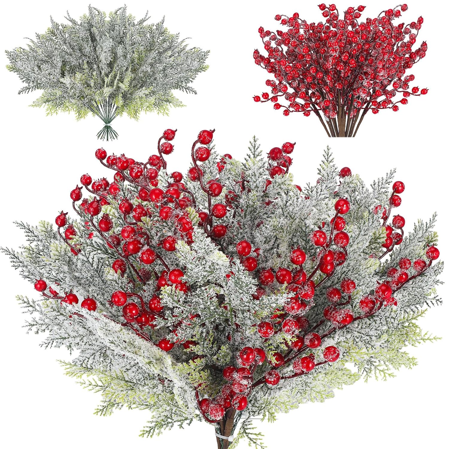 33 Pcs Christmas Snowy Artificial Cedar Picks Stems Berry Branches Set Frosted Faux Cedar Spray Christmas Cedar Red Berry Picks For Holiday Decorations Winter Season Crafts Home Wedding