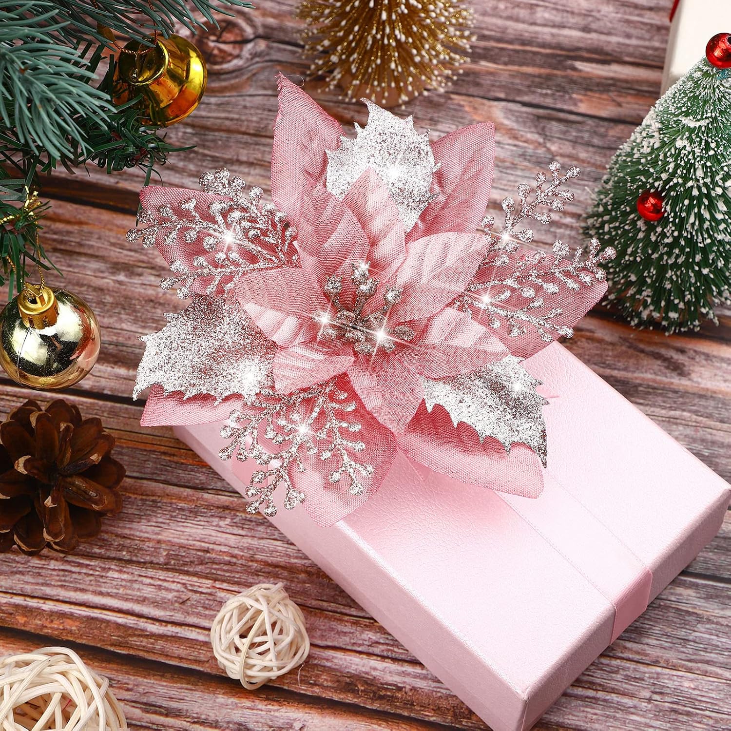 12 Pieces 5.7 Inch Christmas Poinsettia Flower Christmas Glitter Artificial Flower With Clips Xmas Tree Ornament For Wreath Garland Party Decor (Rose Gold)
