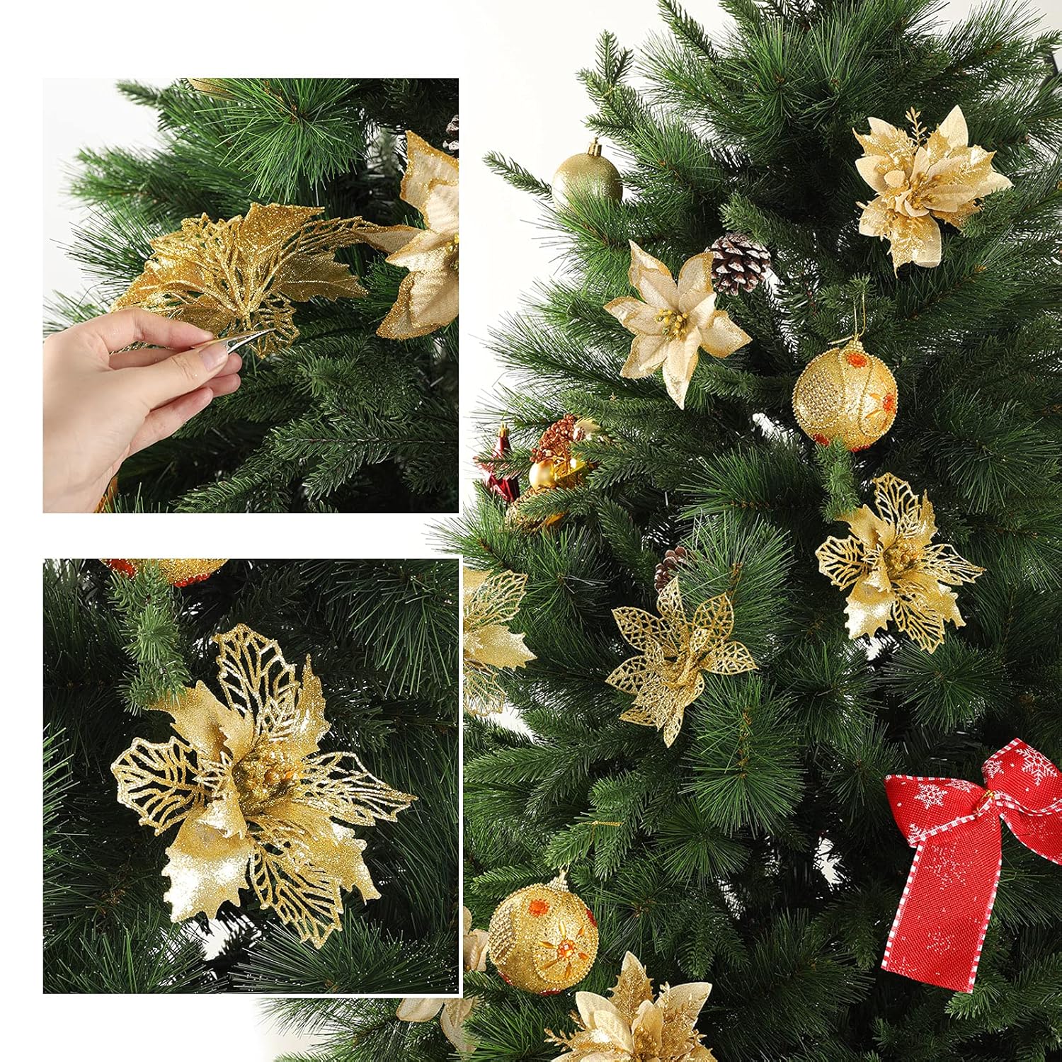 24Pcs Christmas Poinsettia Tree Decoration Glitter Gold Artificial Flowers With 24Pcs Clips Xmas Tree Flowers Ornaments Wreath Decor For Holiday Party New Year Home Outdoor Porch Garden