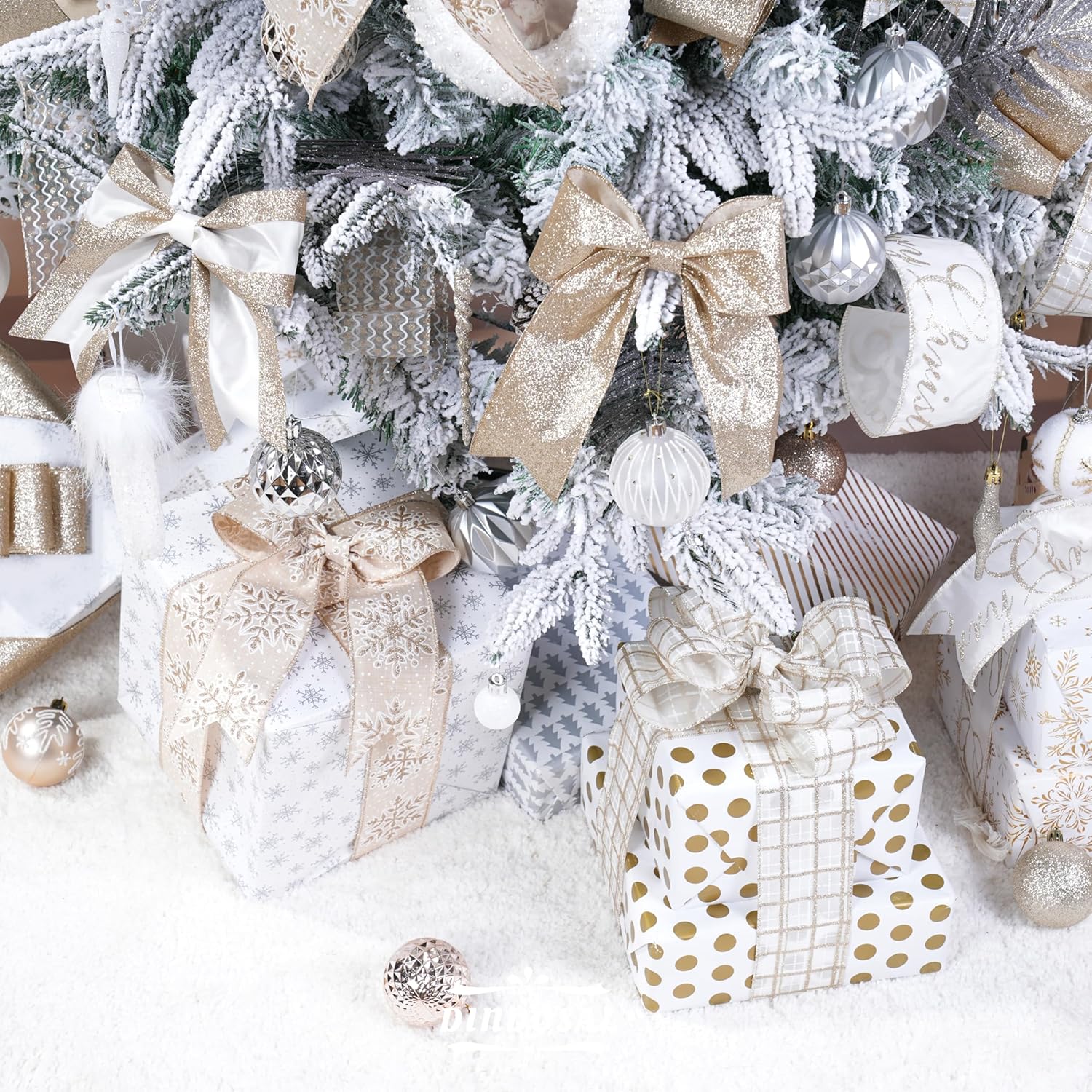 Champagne Gold Christmas Tree Ribbon - 6 Rolls, 36 Yards, Wired, Glitter, Ivory And Gold, For Wreaths, Bows, Christmas Decor