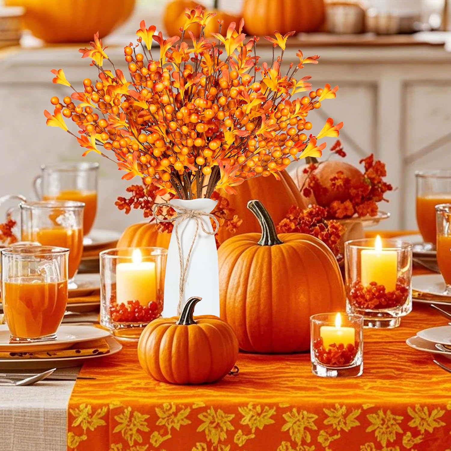 Artificial Fall Flowers 8 Pcs Fall Floral Picks 17 Inch Orange Berry Stems With Berries Flowers For Autumnthanksgiving Harvest Festival Flower Arrangement Vases Centerpieces