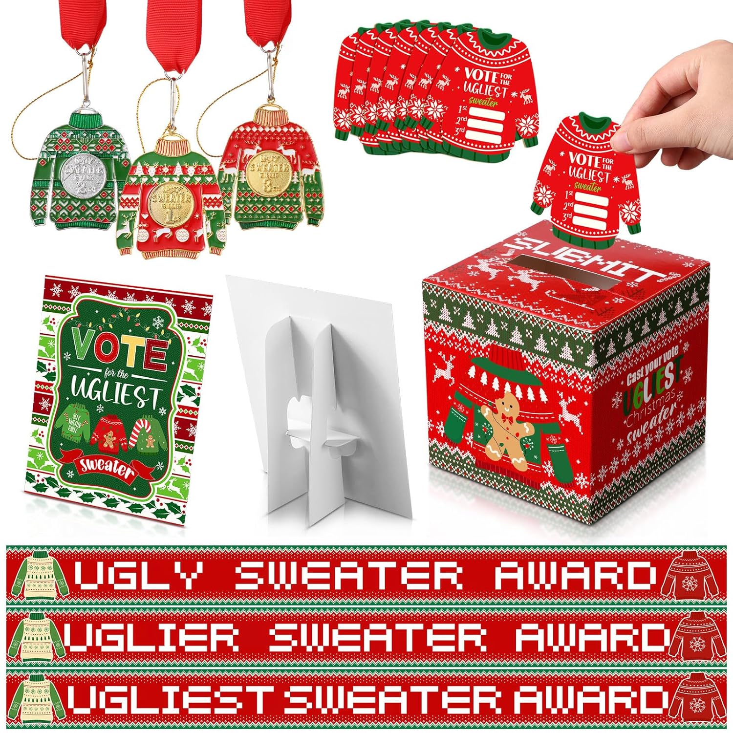 68 Pcs Christmas Ugly Sweater Party Voting Cards With Ugly Sweater Contest Ballot Box 60 Voting Cards 3 Medal Awards 3 Sweater Award Sashes 1 Table Sign For Holiday Xmas Party Game Supplies