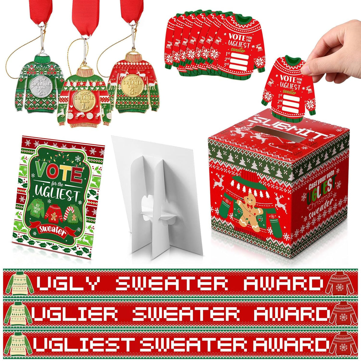 68 Pcs Christmas Ugly Sweater Party Voting Cards With Ugly Sweater Contest Ballot Box 60 Voting Cards 3 Medal Awards 3 Sweater Award Sashes 1 Table Sign For Holiday Xmas Party Game Supplies
