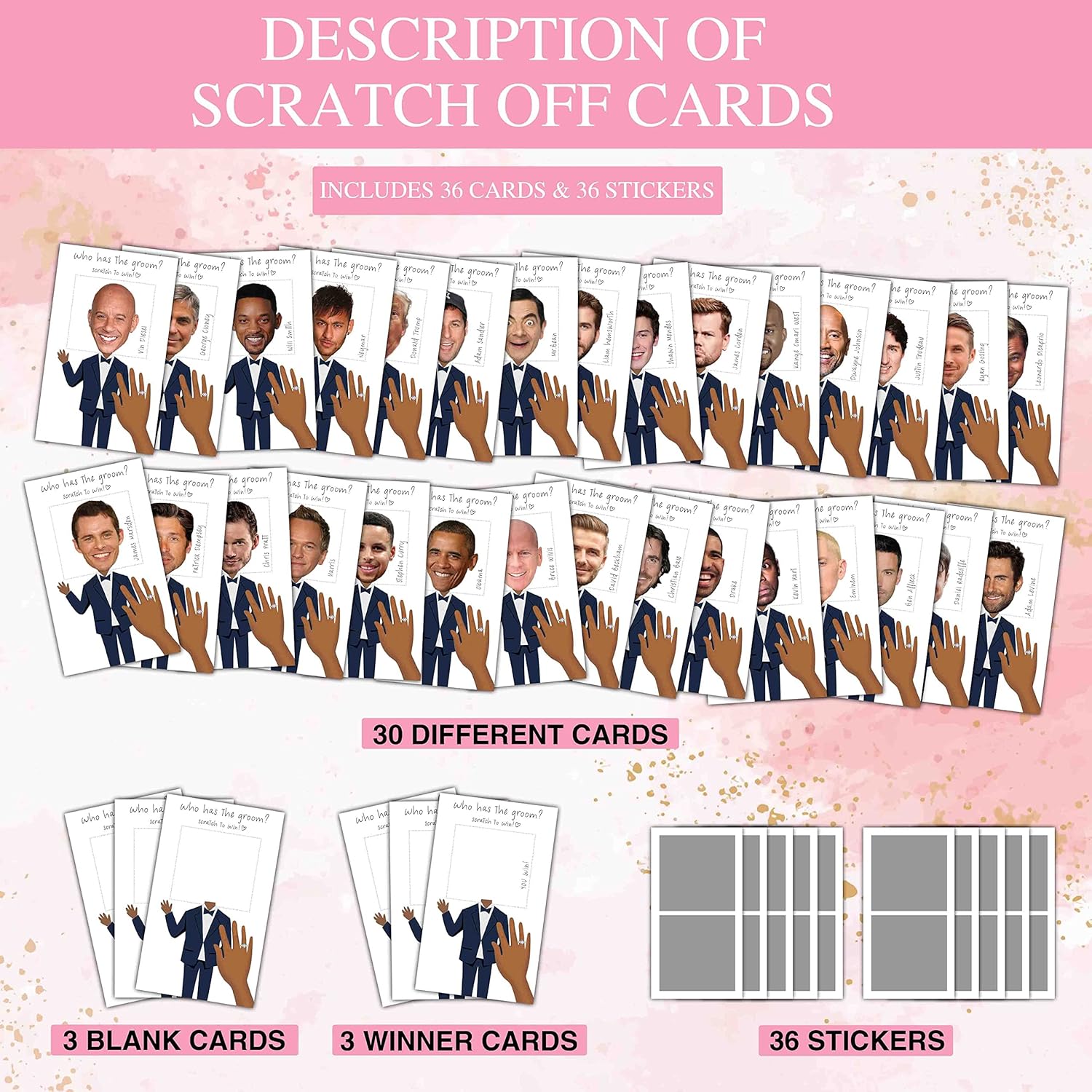 Bridal Shower Games - Who Has The Groom Scratch Off Celebrity Cards - Bachelorette Party Game Favor Decor- Wedding Party/Engagement Party Idea Activity - 36 Mini Size Cards(03)