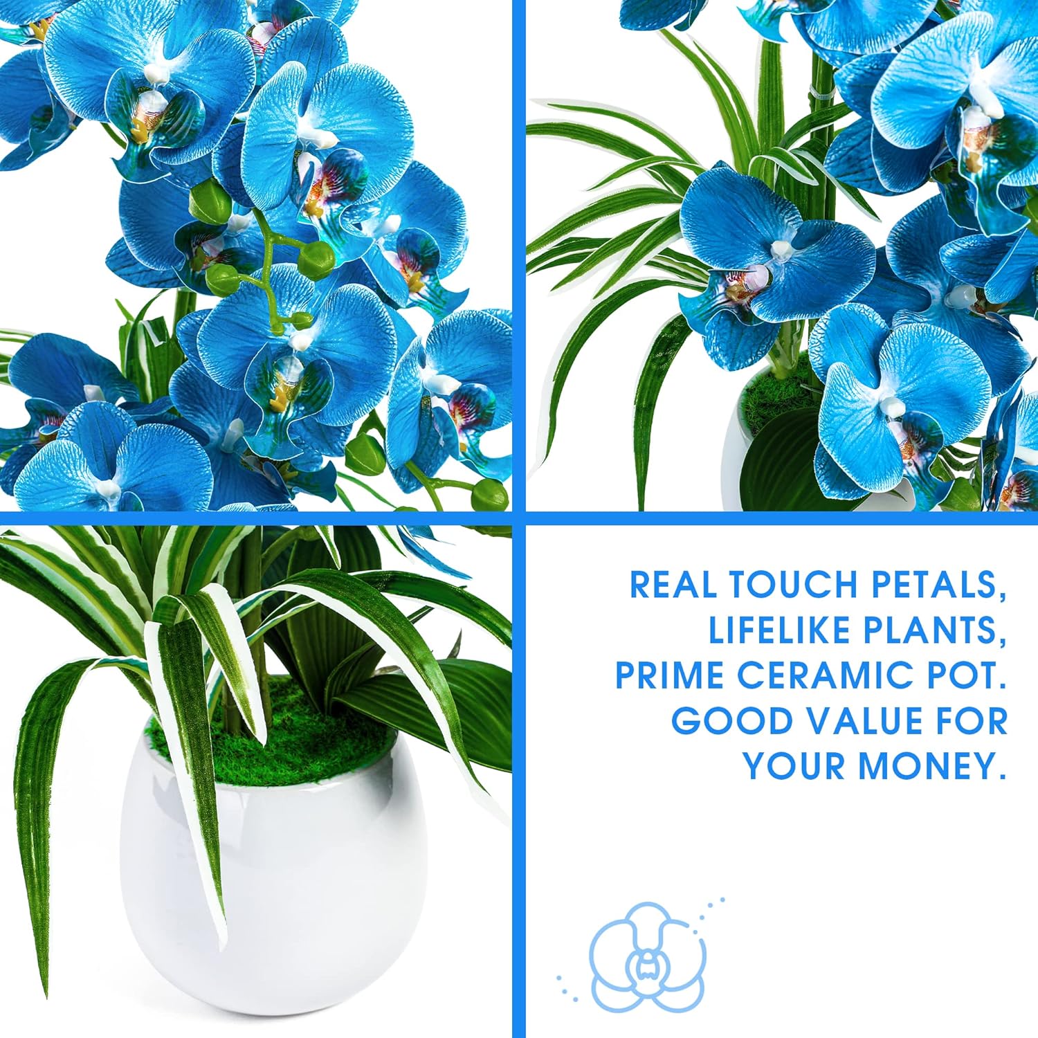 Artificial Orchid Plants And Flowers With Vase, Fake Faux Orchid In Ceramic Pot,19”, Blue