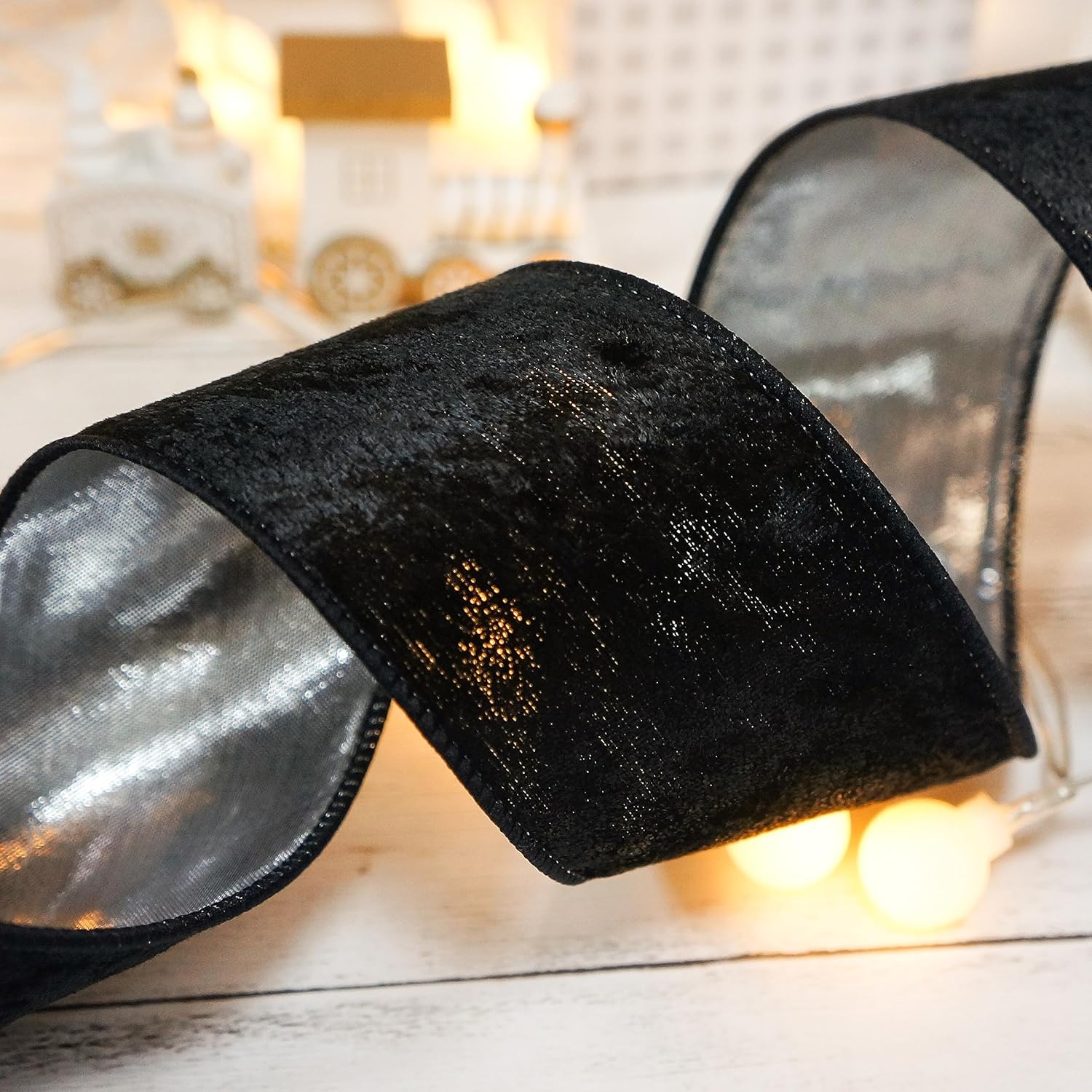 Black Velvet With Silver Metallic Backing Wired Ribbon 2.5 Inch X 10 Yards For Christmas Tree Topper Home Decoration Wreath Gift Wrapping Diy Craft