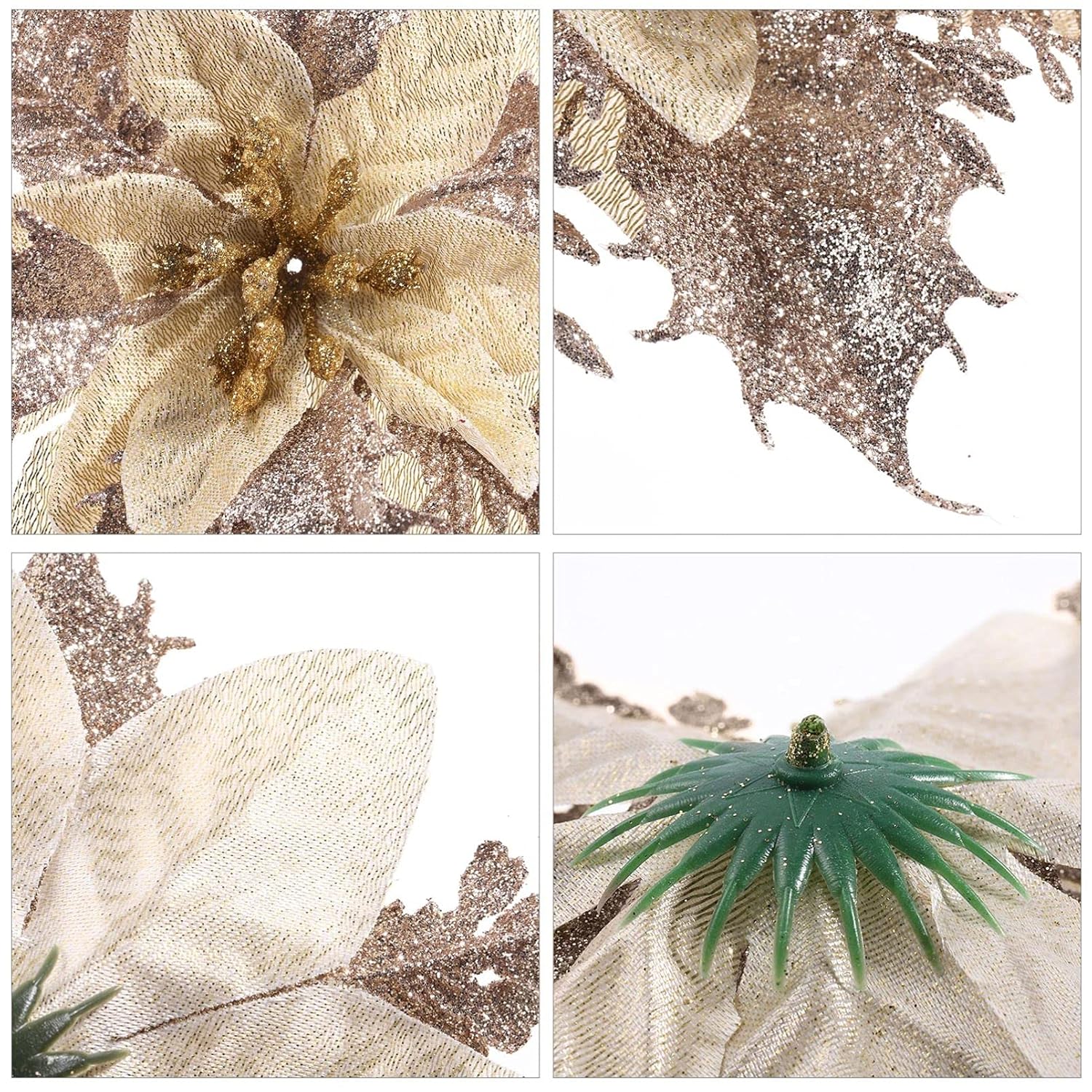 Christmas Glitter Artificial Poinsettia Flowers: 12Pcs Christmas Tree Flowers Ornaments- Xmas Party Decoration With 12Pcs Stems And Clips (Light Gold)