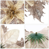 Christmas Glitter Artificial Poinsettia Flowers: 12Pcs Christmas Tree Flowers Ornaments- Xmas Party Decoration With 12Pcs Stems And Clips (Light Gold)
