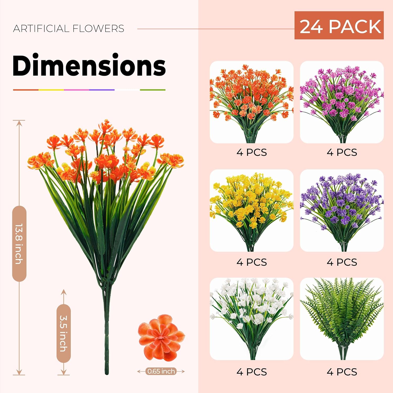 24 Bundles Uv Resistant Artificial Flowers For Outdoors Faux Ferns Fake Plastic Flowers For Spring Home Garden Courtyard Patio Front Porch Decor