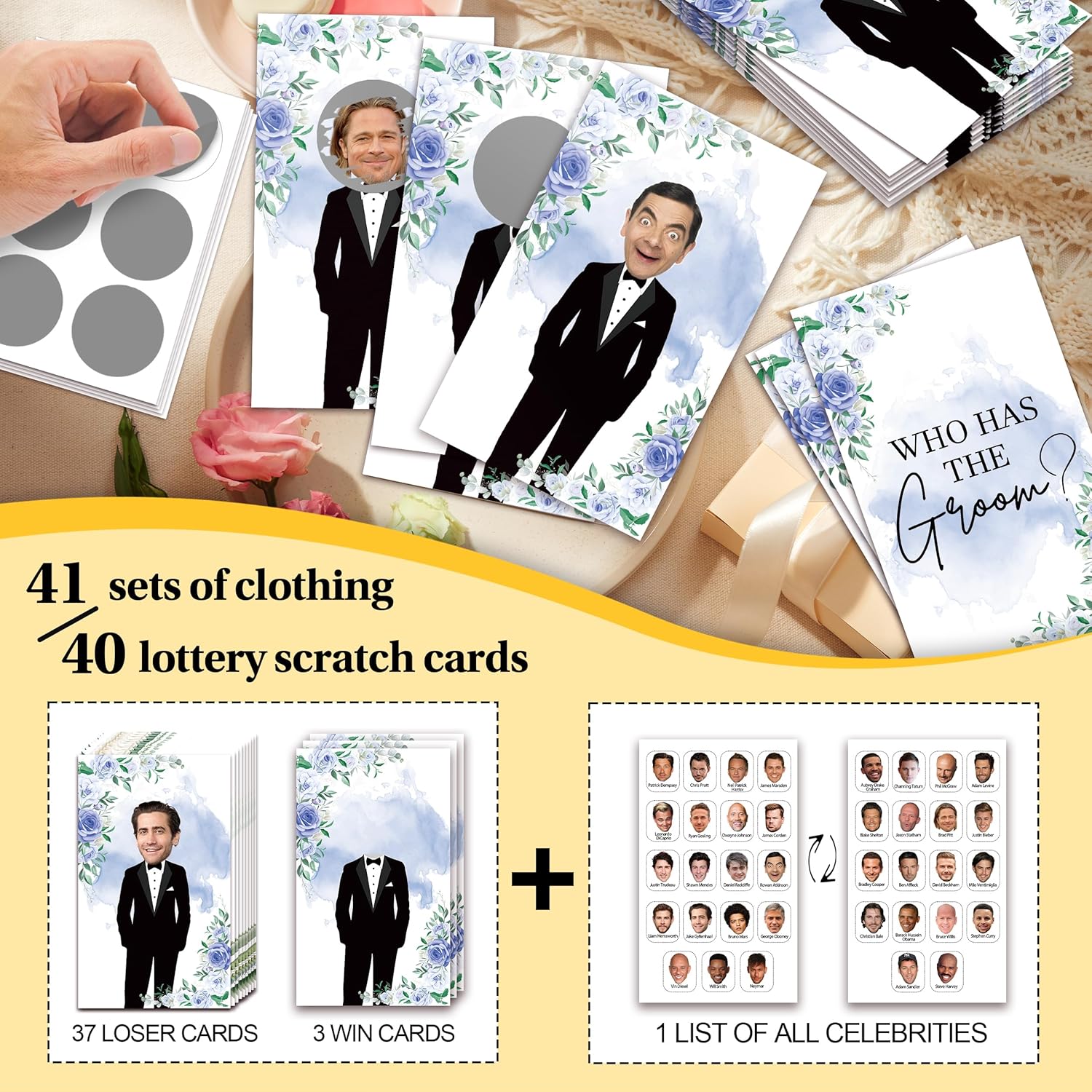 Blue Floral Bridal Shower Games, Who Has The Groom Scratch Off Celebrity Cards Tickets For 41 Guests, Funny Engagement Party, Bride-To-Be Celebration Scratch Off Cards-A04