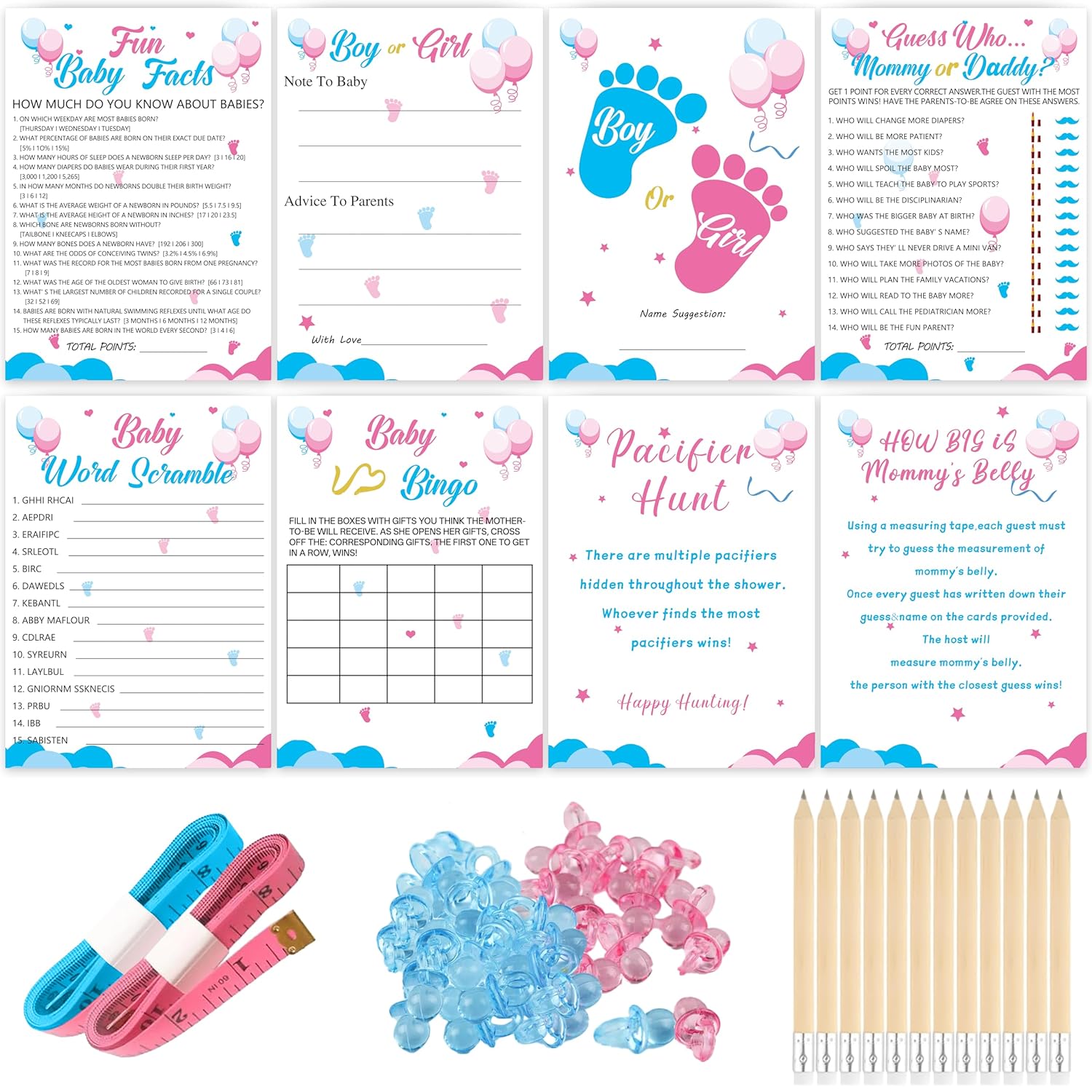 200 Pieces Gender Reveal Games For Guests, Gender Reveal Decorations Idea, Baby Shower Cards And Pencils For Boy Or Girl Gender Reveal