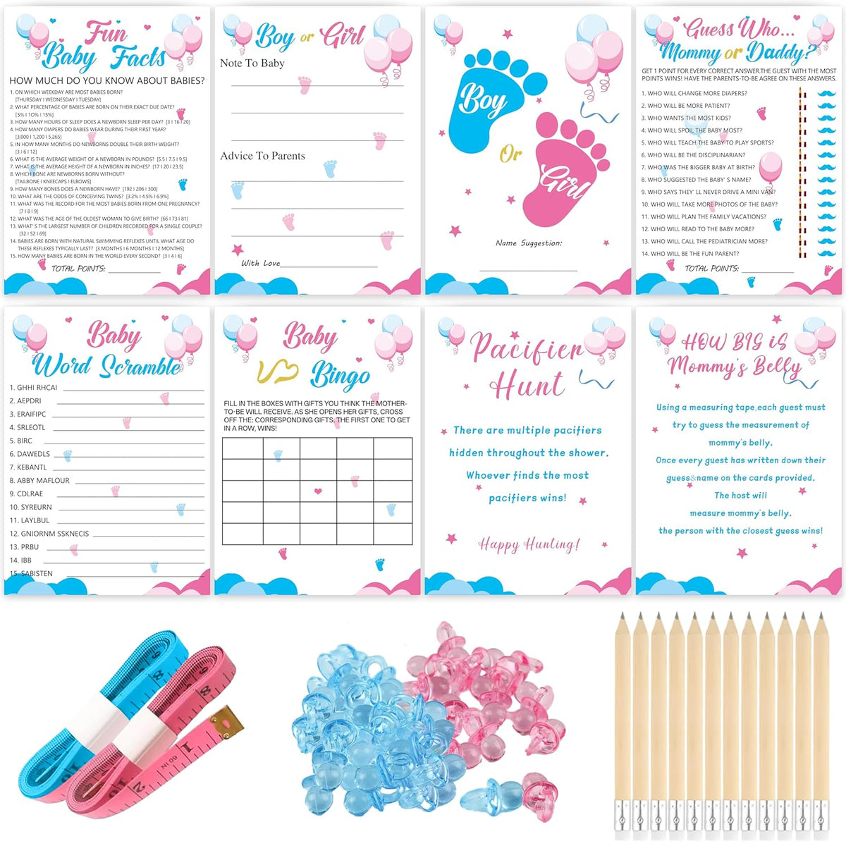 200 Pieces Gender Reveal Games For Guests, Gender Reveal Decorations Idea, Baby Shower Cards And Pencils For Boy Or Girl Gender Reveal