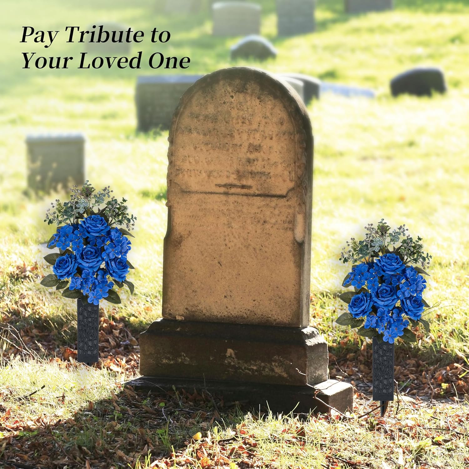 Cemetery Flowers For Grave Decorations: 2 Pcs Royal Blue Artificial Rose Hydrangea Christmas Flower Arrangements Silk Funeral Floral Bouquet With Vase For Outdoors Gravessite Decor