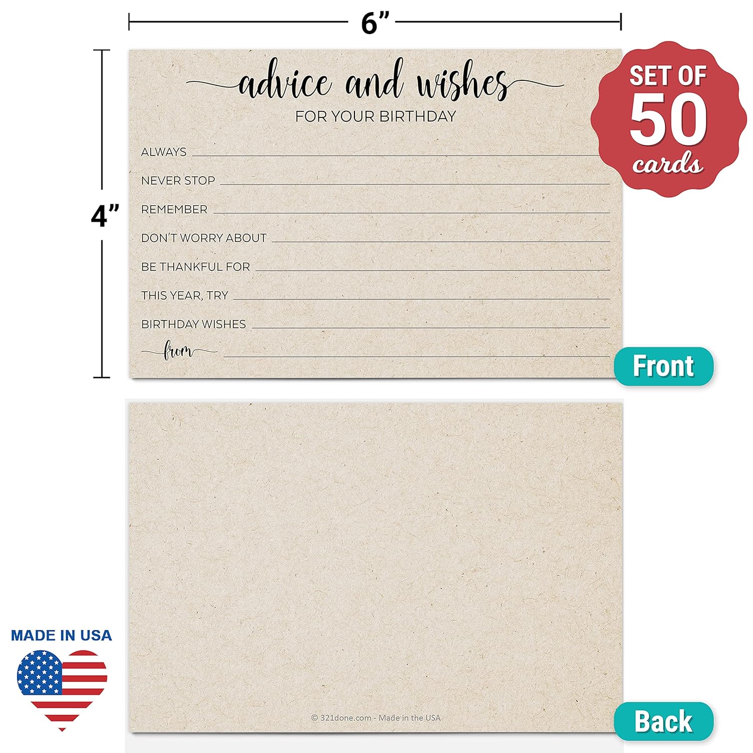 Birthday Wishes And Advice Tan-Kraft (50) 4X6" Cards - Good Advice, Best Wishes, Memories Cards - Bday Party Idea Activity - Sweet 16, 30Th, 40Th, 50Th - Fun Ad Lib Prompts - Made In Usa