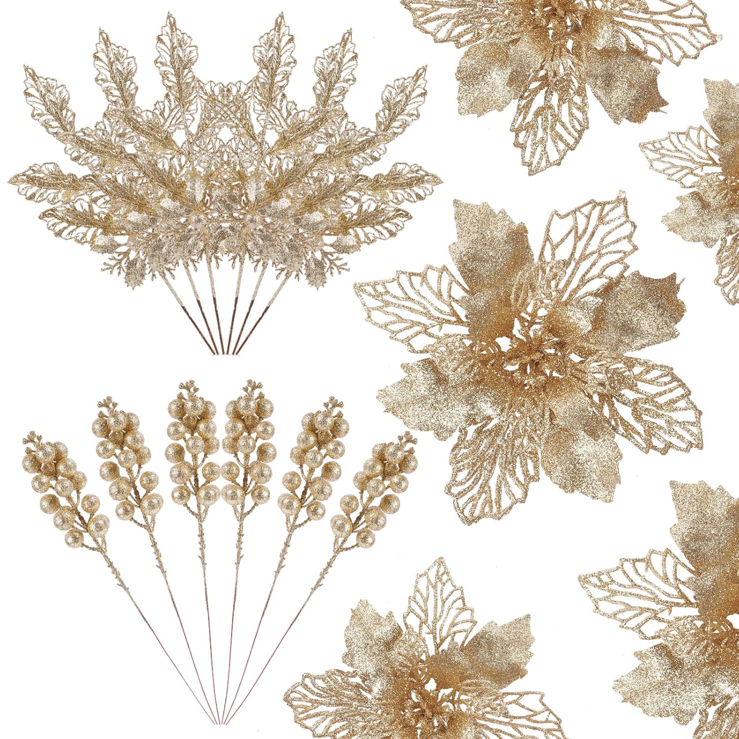 24 Pcs Christmas Tree Decorations, 12 Pcs Poinsettia Flowers Artificial+6 Pcs Glitter Holly Berry Stems+6 Berry Leaves Christmas Tree Picks For Party Wreath Fireplace, Champagne Gold