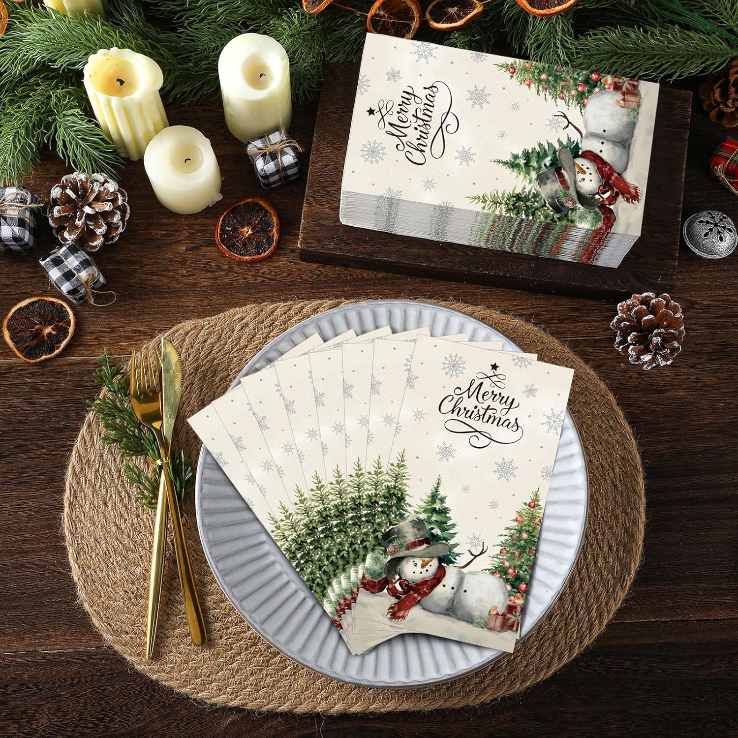 100 Pcs Christmas Snowman Napkins Paper Merry Christmas Guest Napkins Disposable Xmas Paper Hand Towels For Guest Bathroom Dinner Decorative Kitchen Dining Table Party Supplies(White)