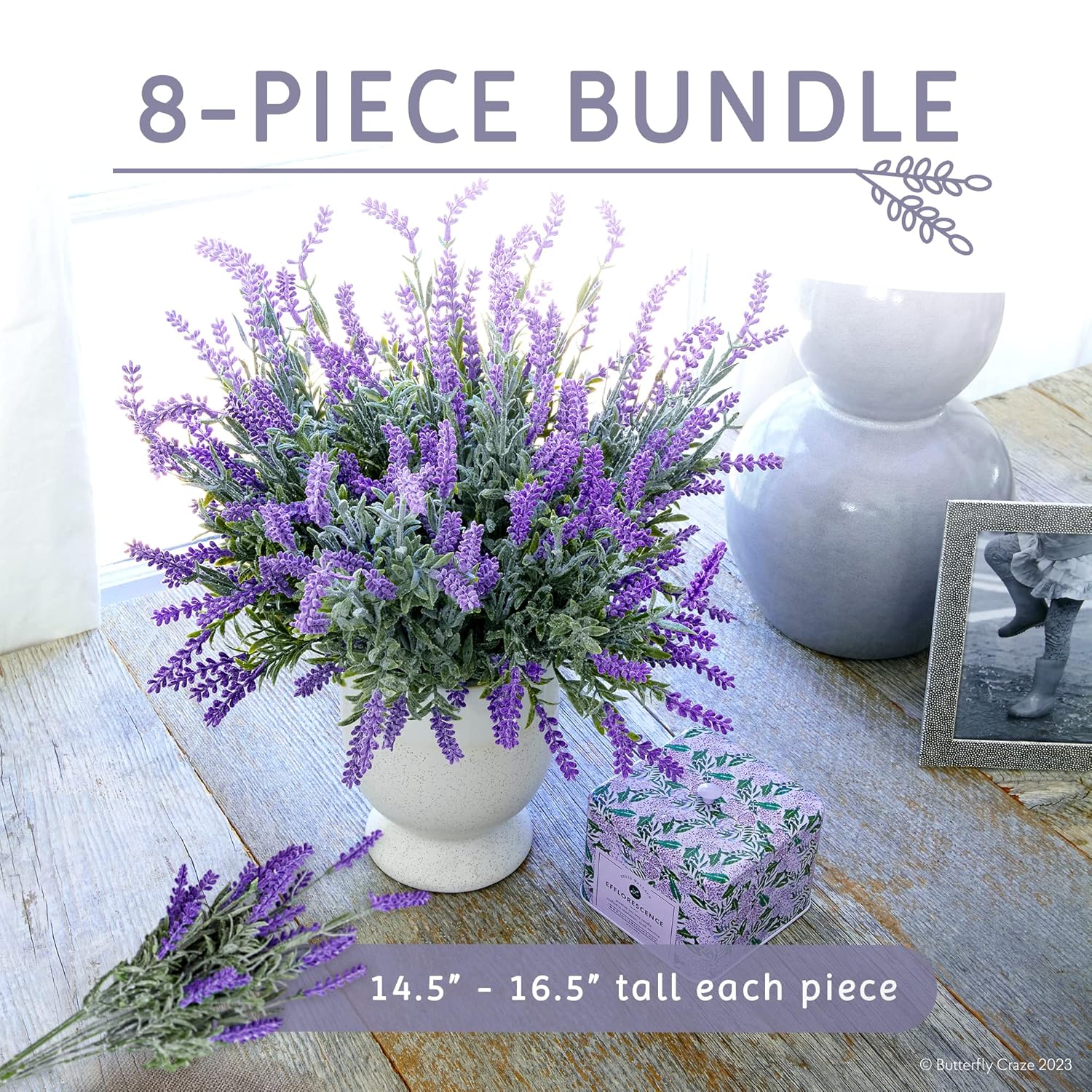 Lifelike Artificial Lavender Plants - Perfect For Crafting, Home Decor, And Weddings, Pair With Fake/Dried Flowers Like Purple Roses, Nearly Natural Faux Silk Flowers, 8-Piece Bundle