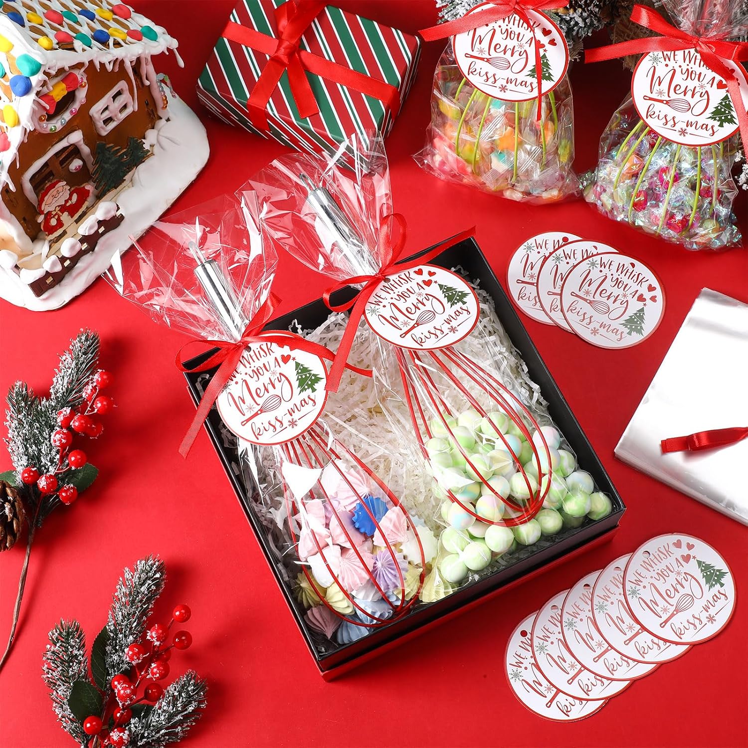 48 Sets 10 Inch Christmas Whisks Gifts Diy Fillable Christmas Tree Ornaments Xmas Colored Silicone Whisks For Cooking Heat Resistant Egg Beaters With Card Rope Bag For Candy Holder