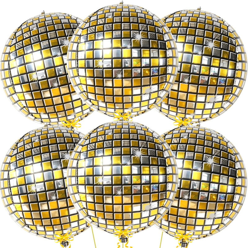 , Gold Disco Ball Balloons - Huge 22 Inch, Pack Of 6 | Metallic 4D Myl