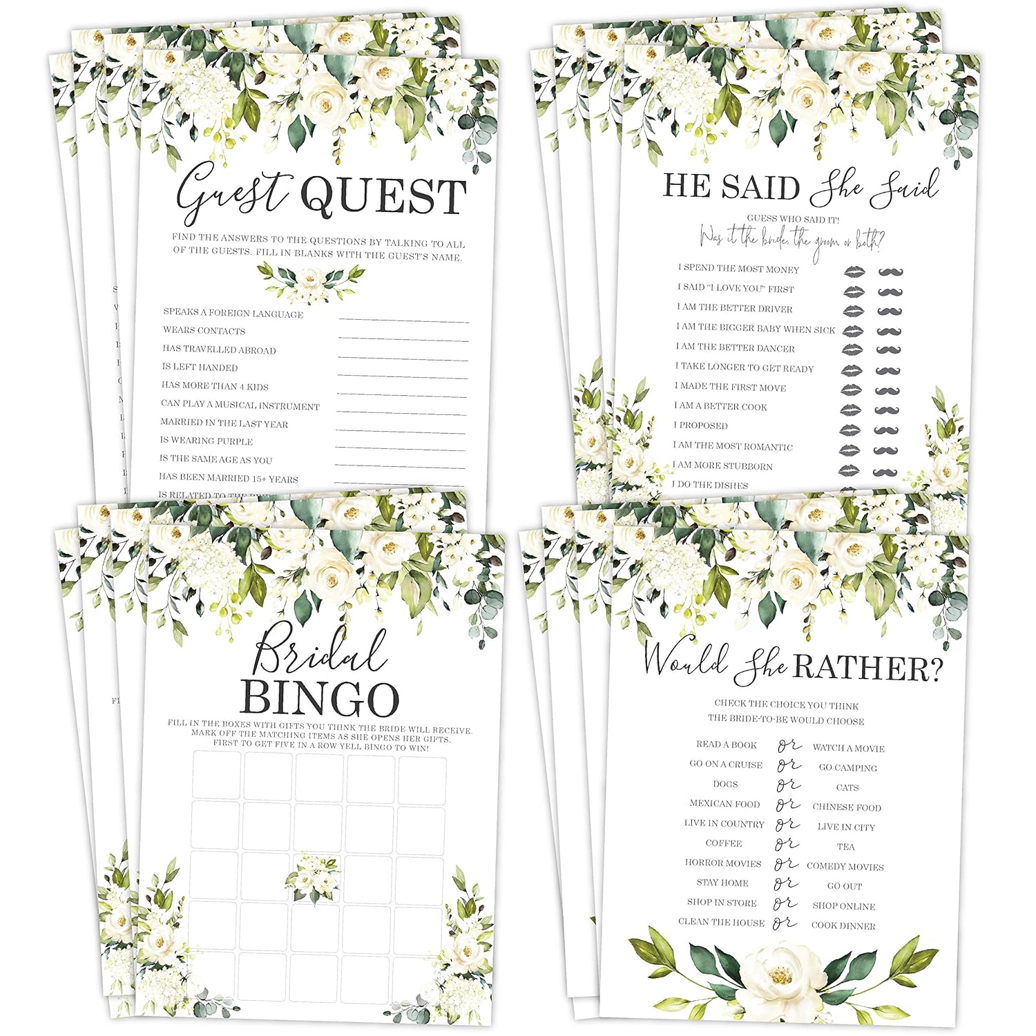 Bridal Shower Bachelorette Games - White Rose Floral - He Said She Said, Find The Guest Quest, Would She Rather, Bingo Game - 25 Games Each, Printed Front And Back, 1 Game Per Side