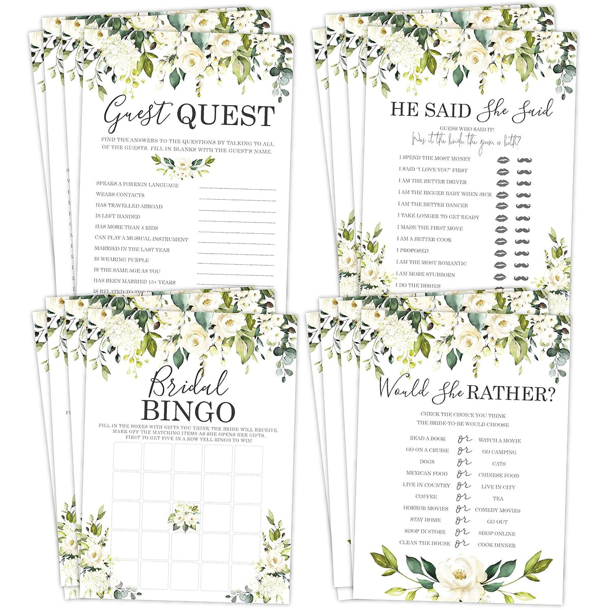 Bridal Shower Bachelorette Games - White Rose Floral - He Said She Said, Find The Guest Quest, Would She Rather, Bingo Game - 25 Games Each, Printed Front And Back, 1 Game Per Side