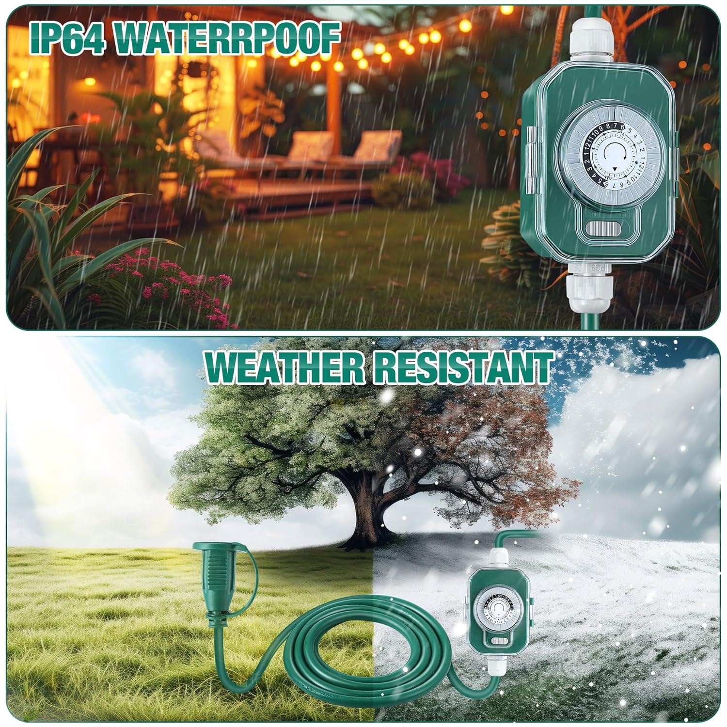 20 Ft Outdoor Extension Cord With Timer, Halloween Christmas Green Extension Cord, 16Awg Sjtw Cable With Weatherproof Covers For Christmas Lights Holiday Landscaping Decorations