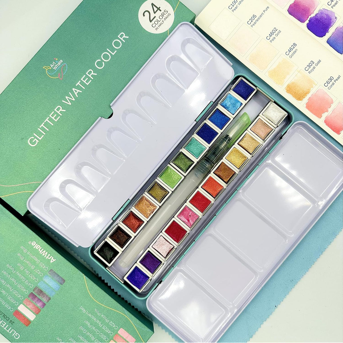 Metallic Watercolor 24 Colors|Tin Box & Waterbrush |Intense Pigments, Smooth Blend