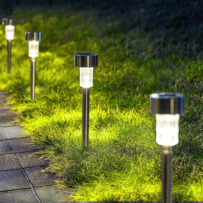 12 Pack Stainless Steel Solar Pathway Lights IP44 Waterproof Auto On Off Cold White Garden Lights