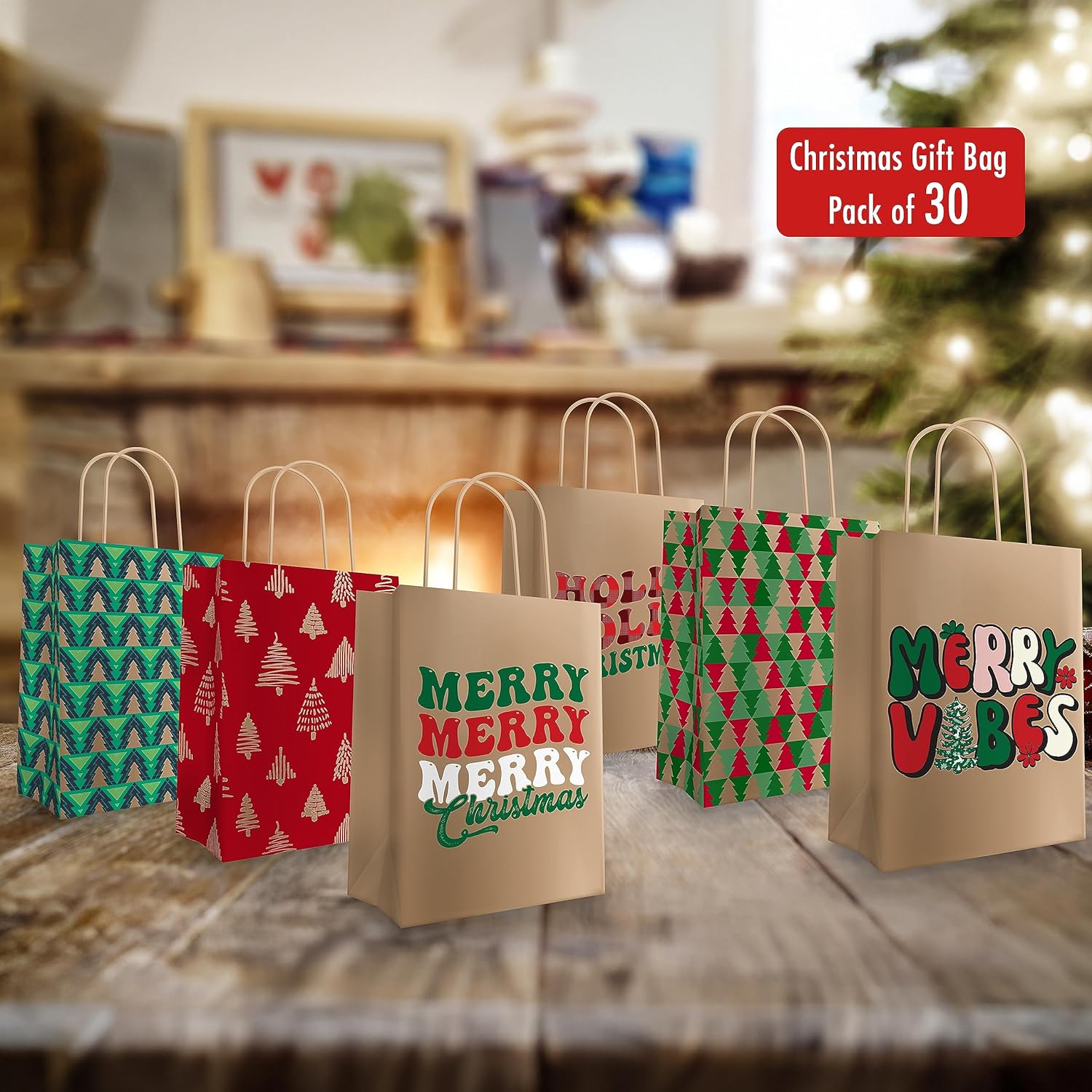 Easykart Kraft Gift Bags - 30 Christmas Goody Bags, 6 Designs, Classroom & Party Favors (9 X 7.3 X 3.3)