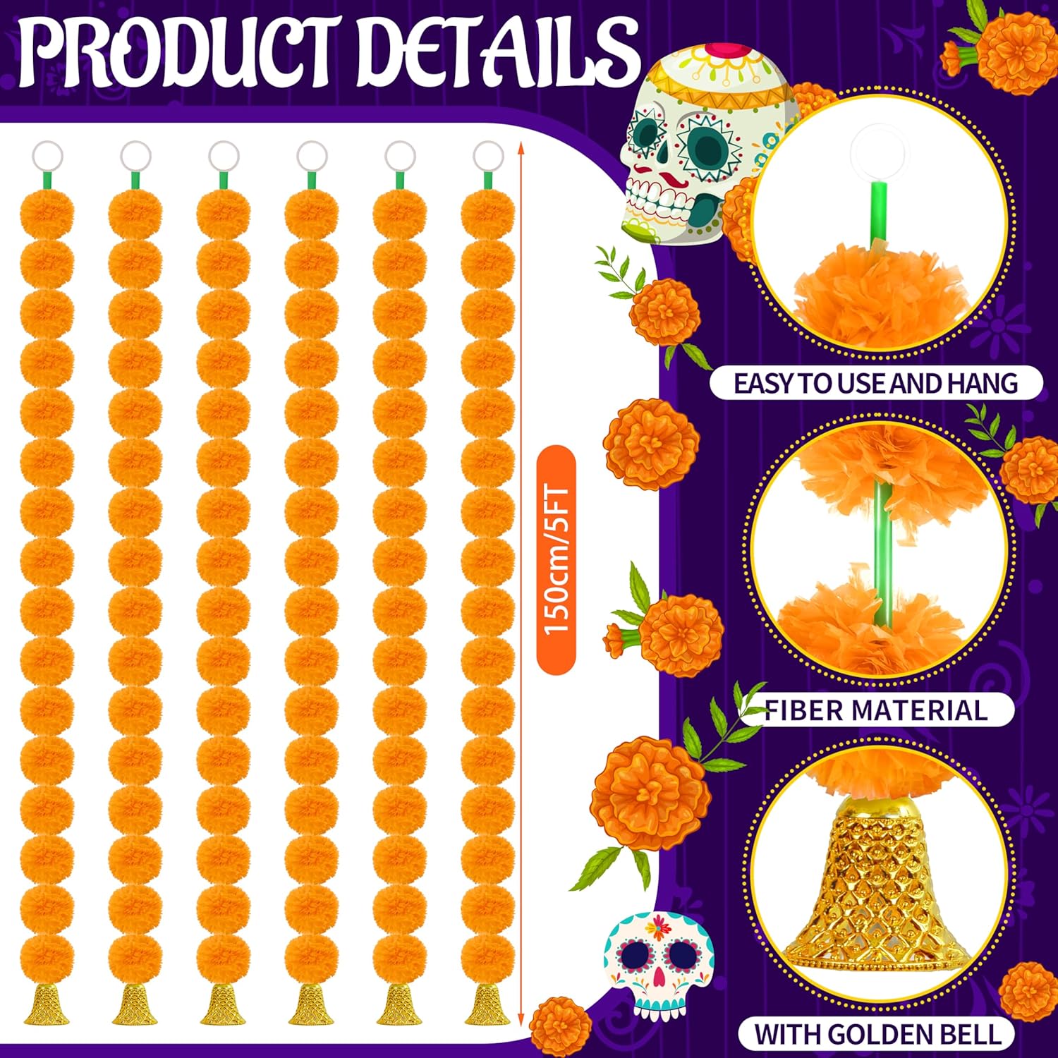 6 Pcs 5 Feet Long Strands Marigold Flowers Garland With Bell Indian Wedding Decoration Artificial Decorations For Altar Faux Flower For Diwali, Pooja, Bush Floral Party (Orange)
