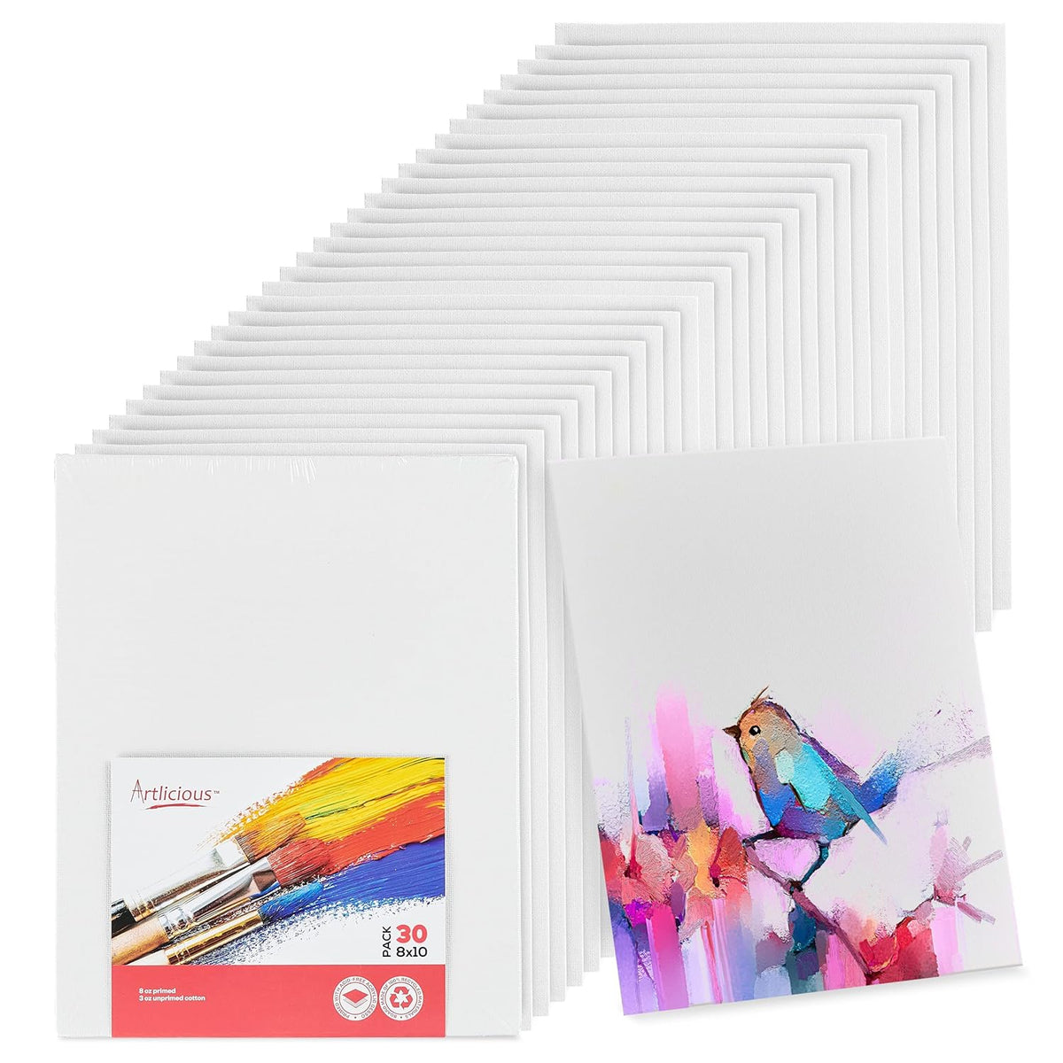Canvases For Painting - Pack Of 30, 8 X 10 Inch Blank White Canvas Boards - 100% Cotton Art Panels For Oil, Acrylic & Watercolor Paint