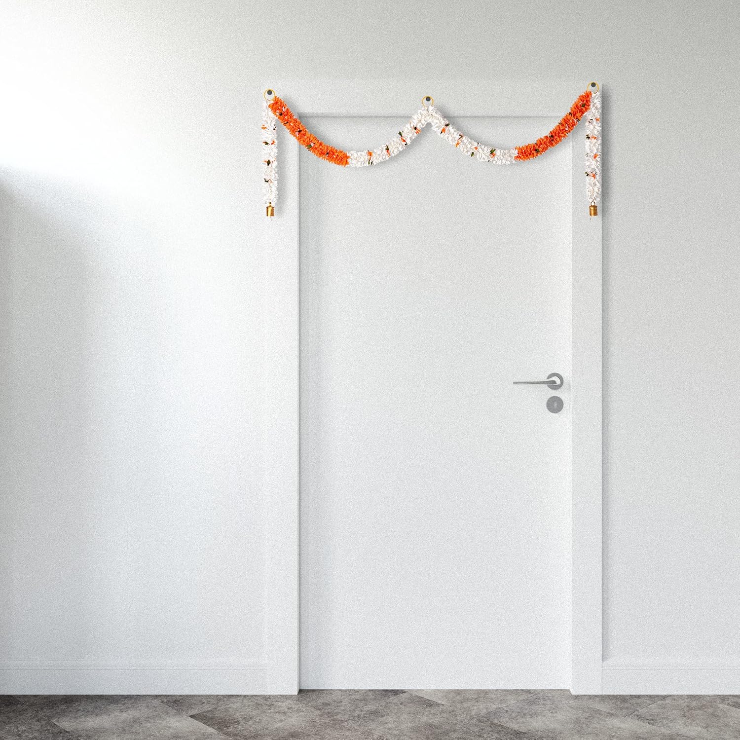 Toran Bandanwaar Artificial Flower Garland For Wall Door Hanging Home Temple Festival Wedding Function Party Decoration Décor And Gifting (White And Orange)